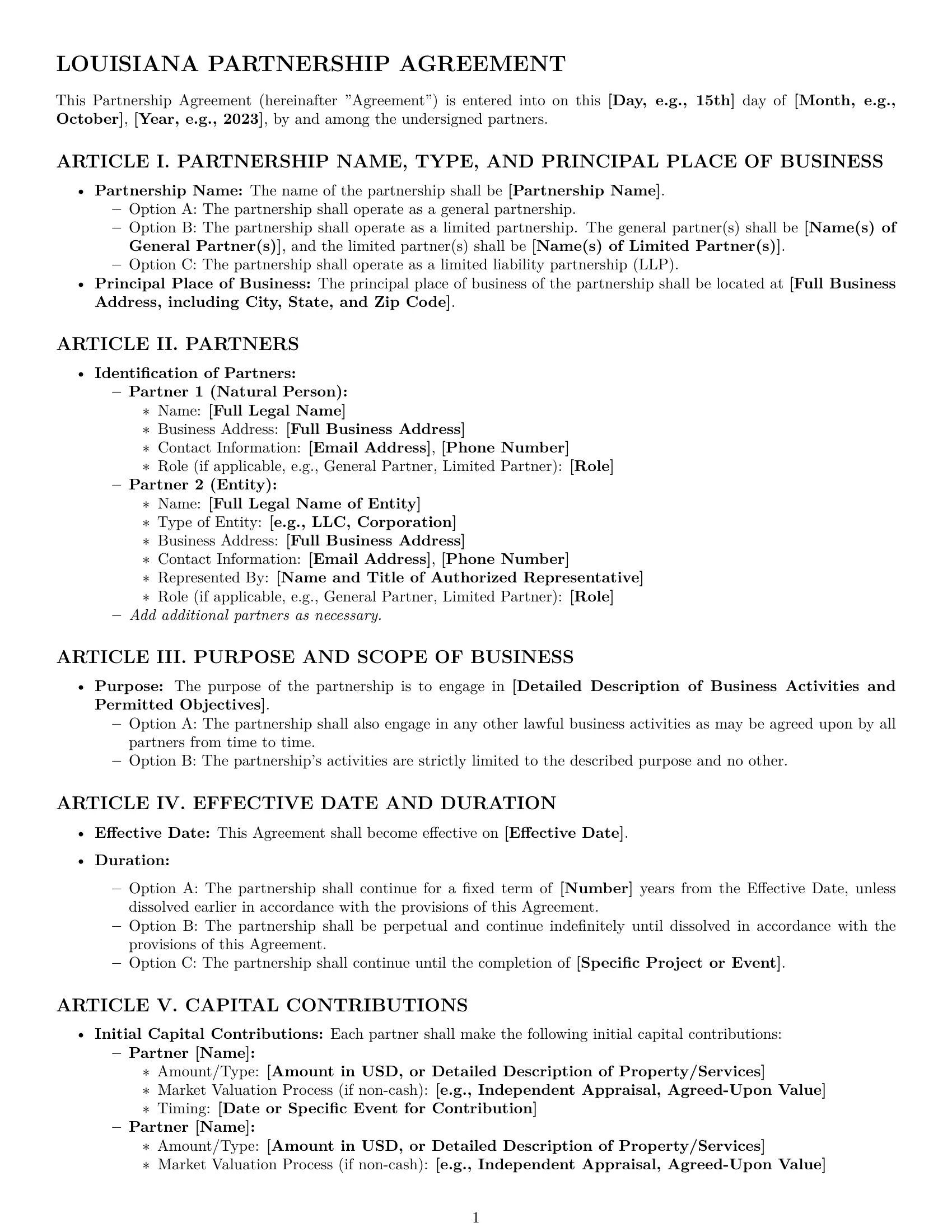 Preview page 1 of Pro Louisiana partnership agreement template