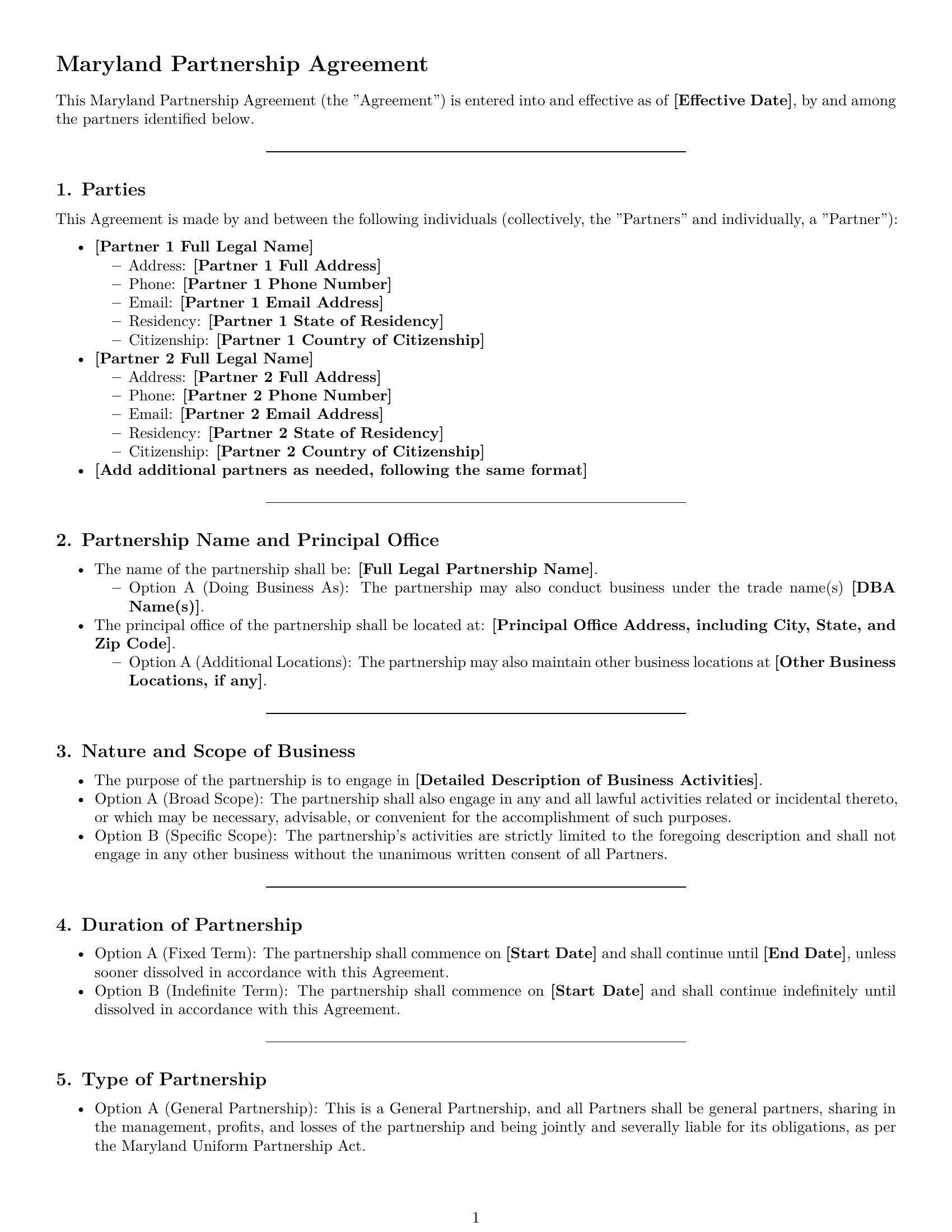 Preview page 1 of Pro Maryland partnership agreement template