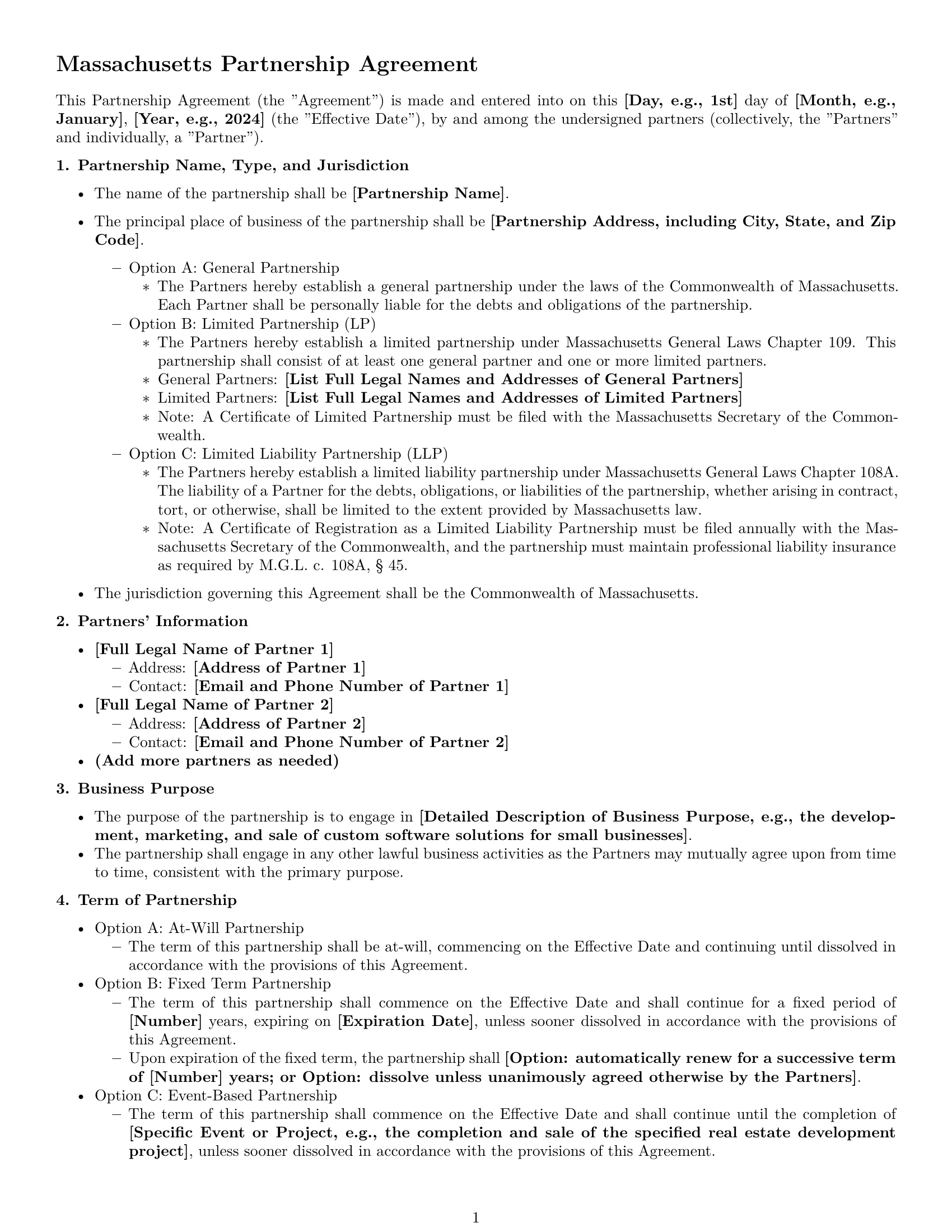Preview page 1 of Pro Massachusetts partnership agreement template