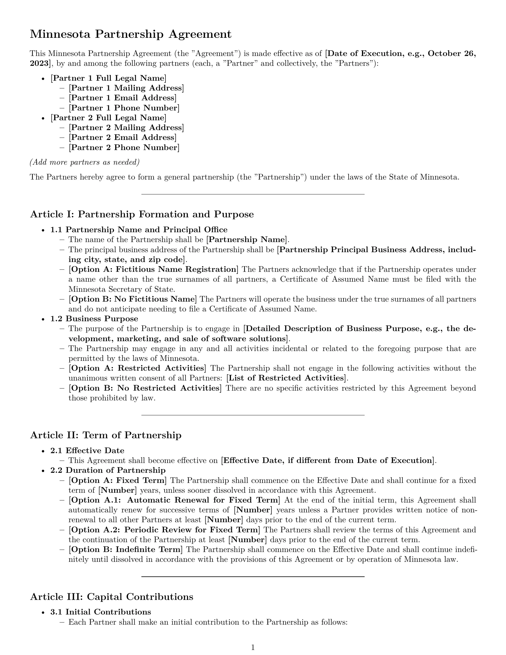 Preview page 1 of Pro Minnesota partnership agreement template