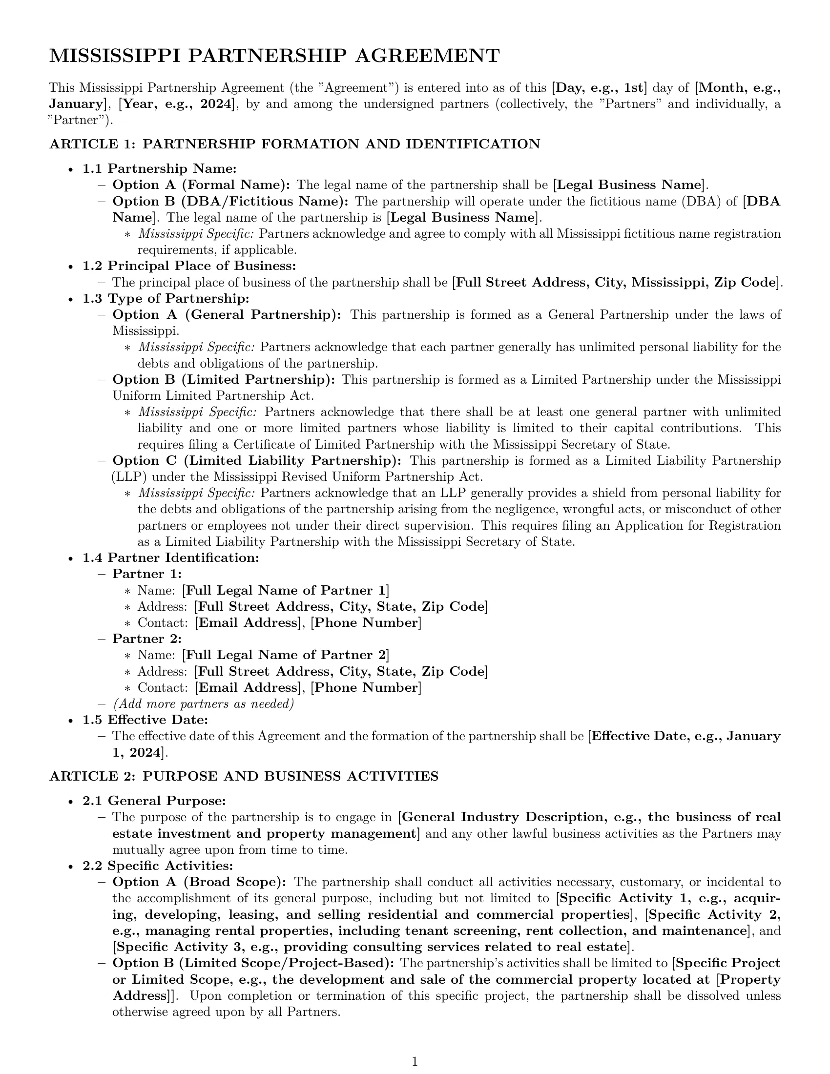 Preview page 1 of Pro Mississippi partnership agreement template