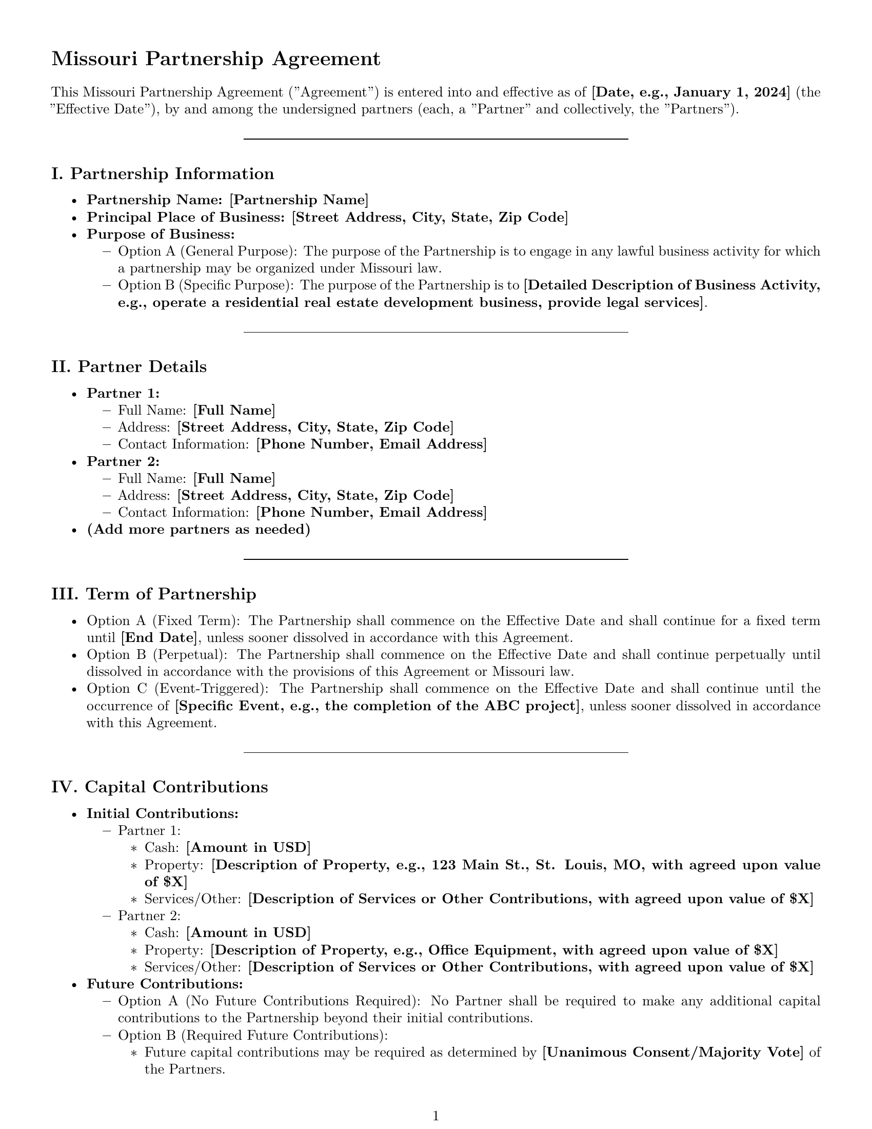 Preview page 1 of Pro Missouri partnership agreement template