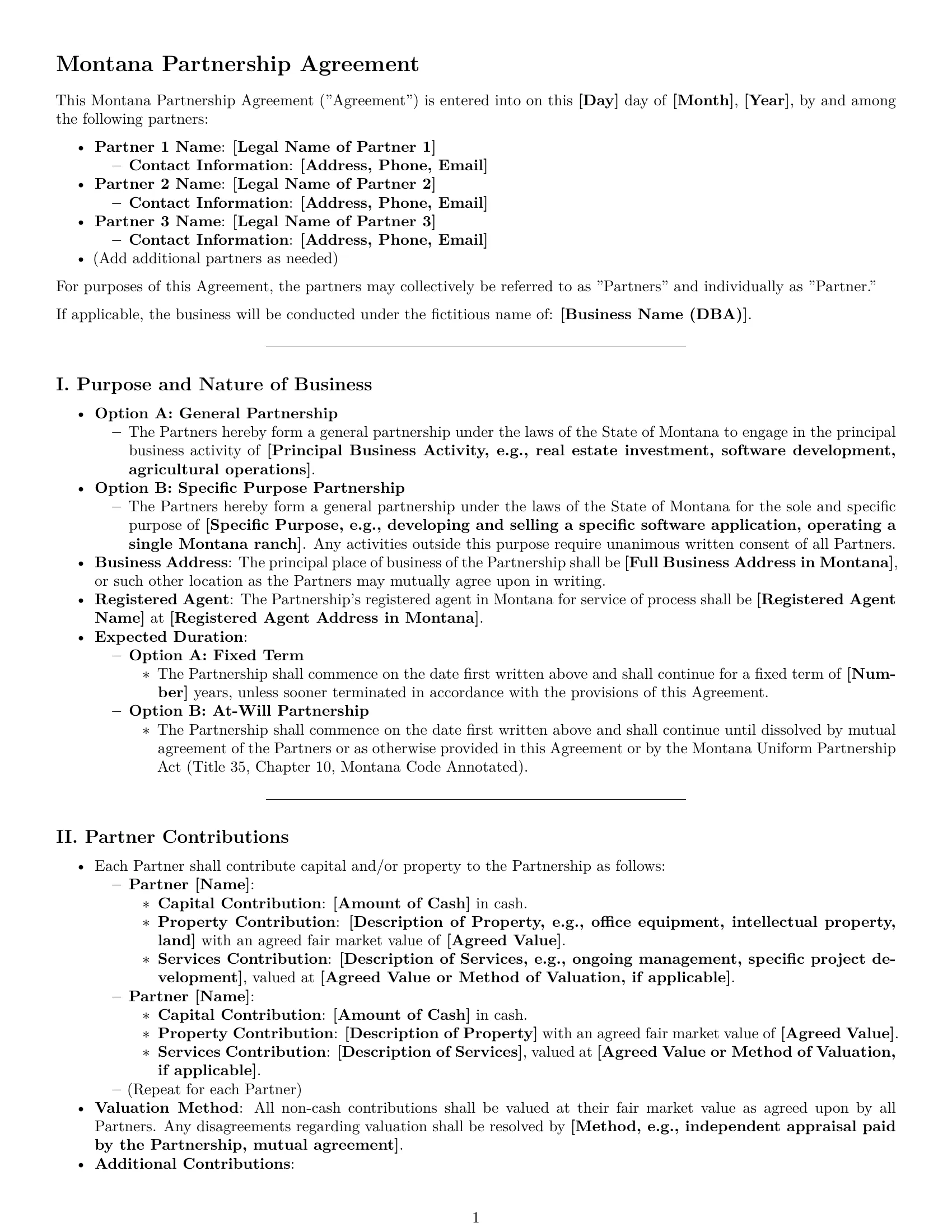 Preview page 1 of Pro Montana partnership agreement template