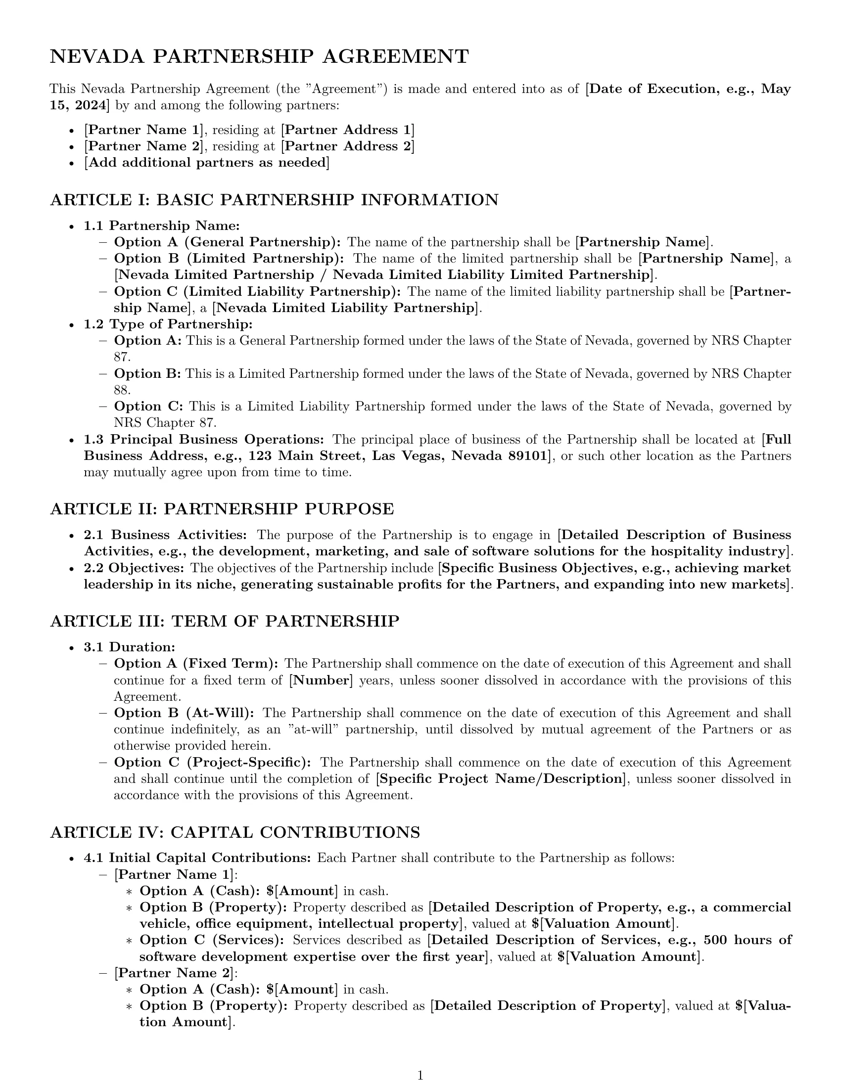 Preview page 1 of Pro Nevada partnership agreement template