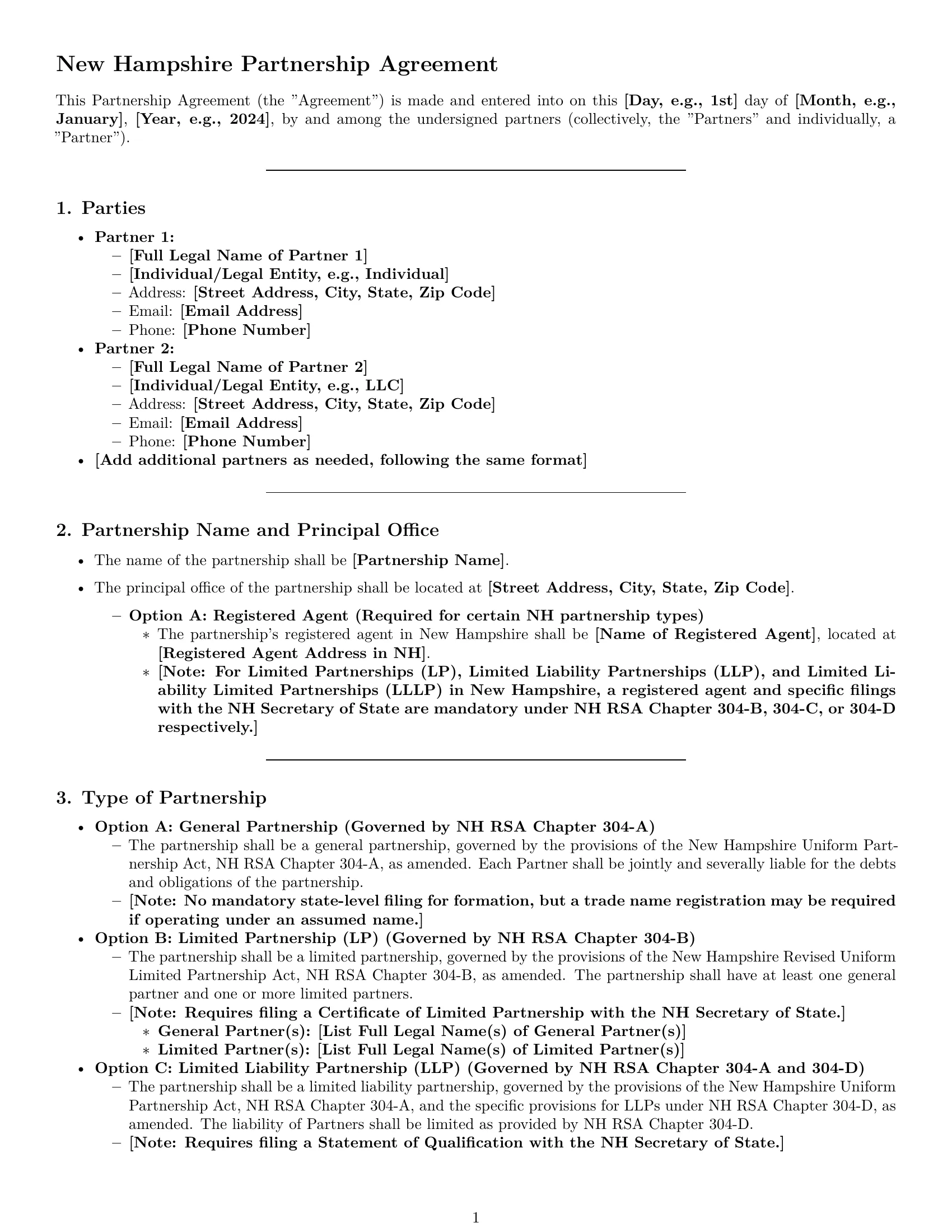 Preview page 1 of Pro New Hampshire partnership agreement template
