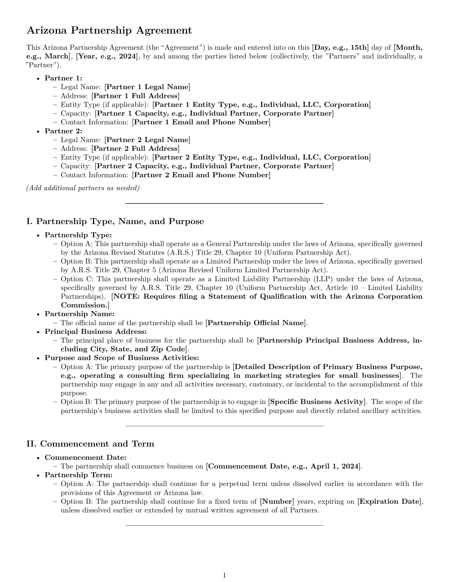 Preview page 1 of Pro Arizona partnership agreement template
