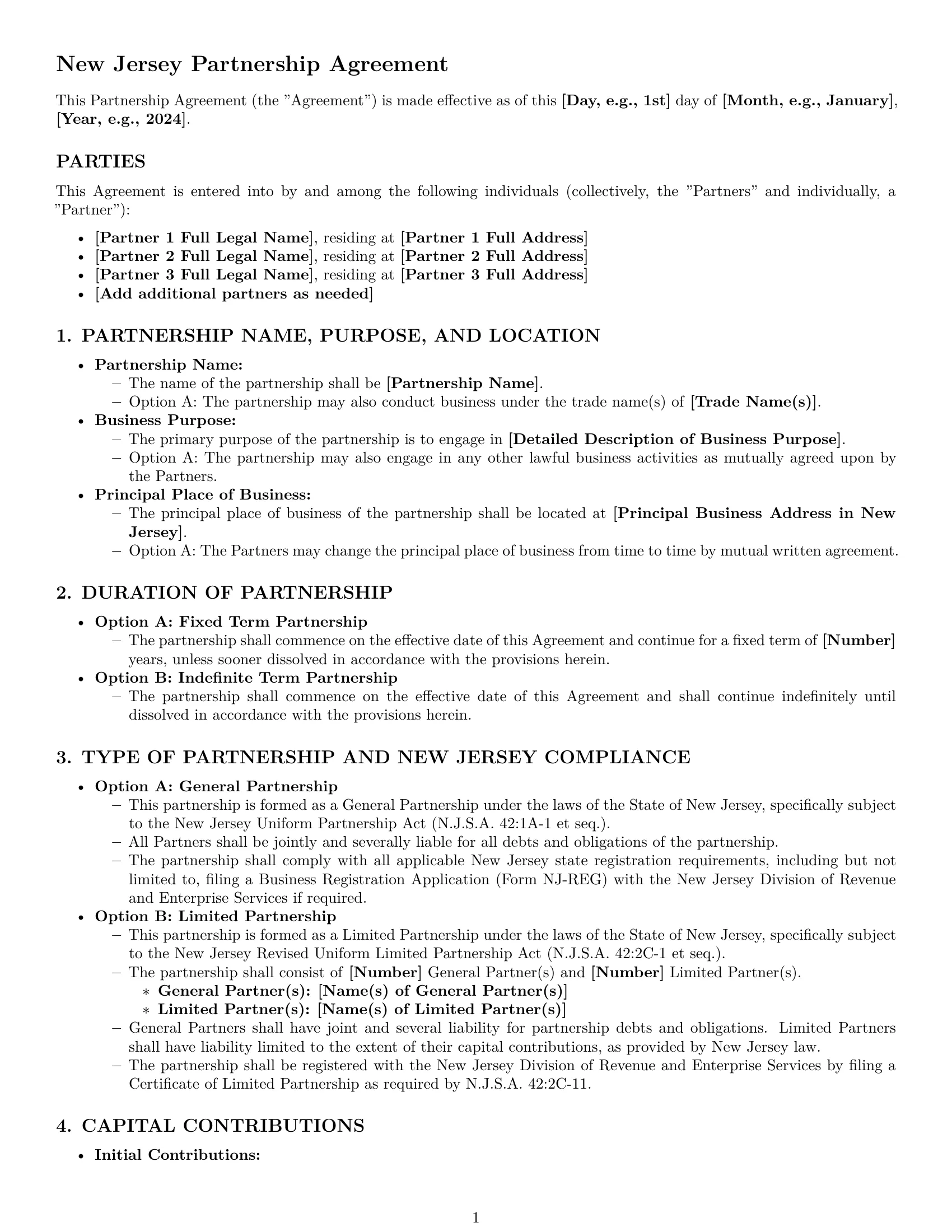 Preview page 1 of Pro New Jersey partnership agreement template
