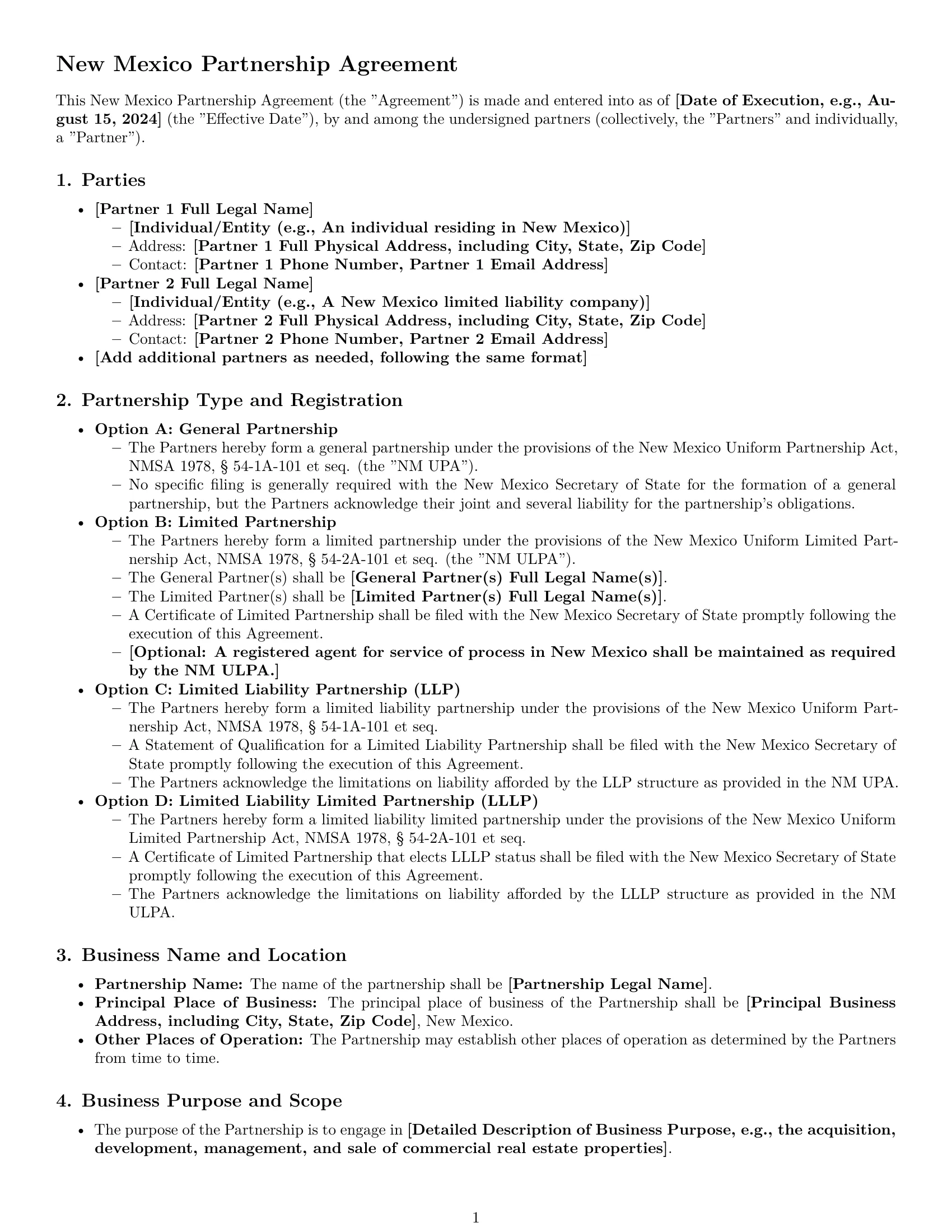 Preview page 1 of Pro New Mexico partnership agreement template