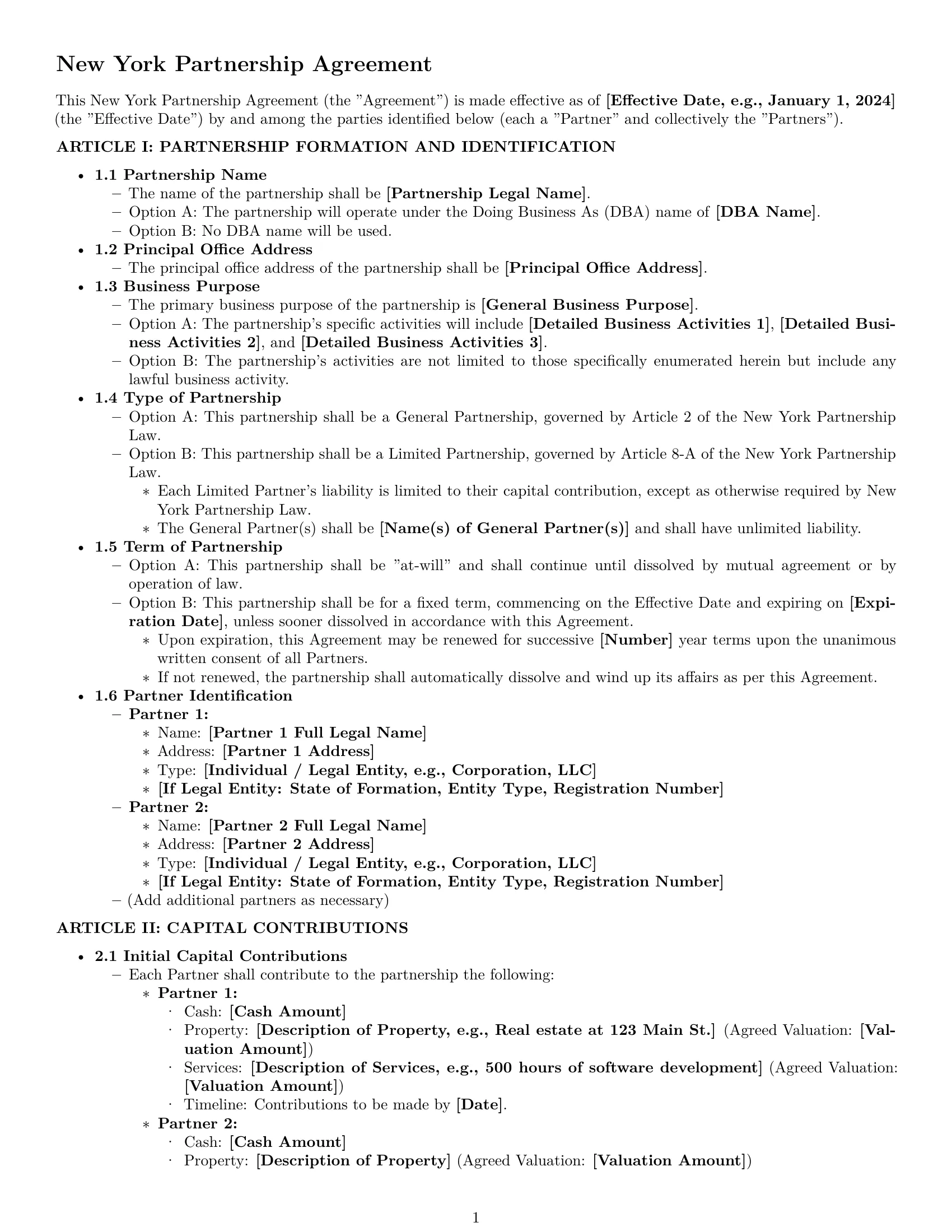 Preview page 1 of Pro New York partnership agreement template