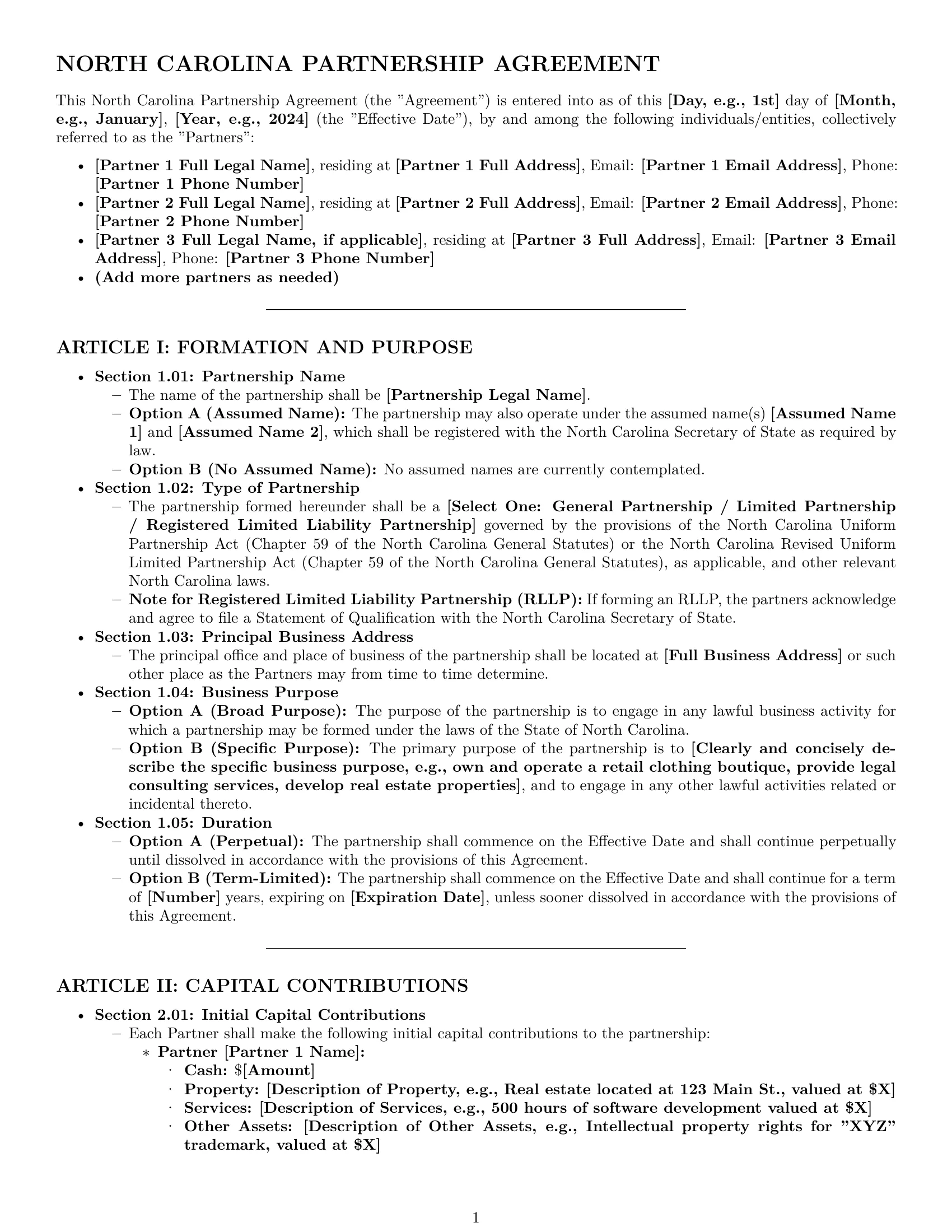 Preview page 1 of Pro North Carolina partnership agreement template