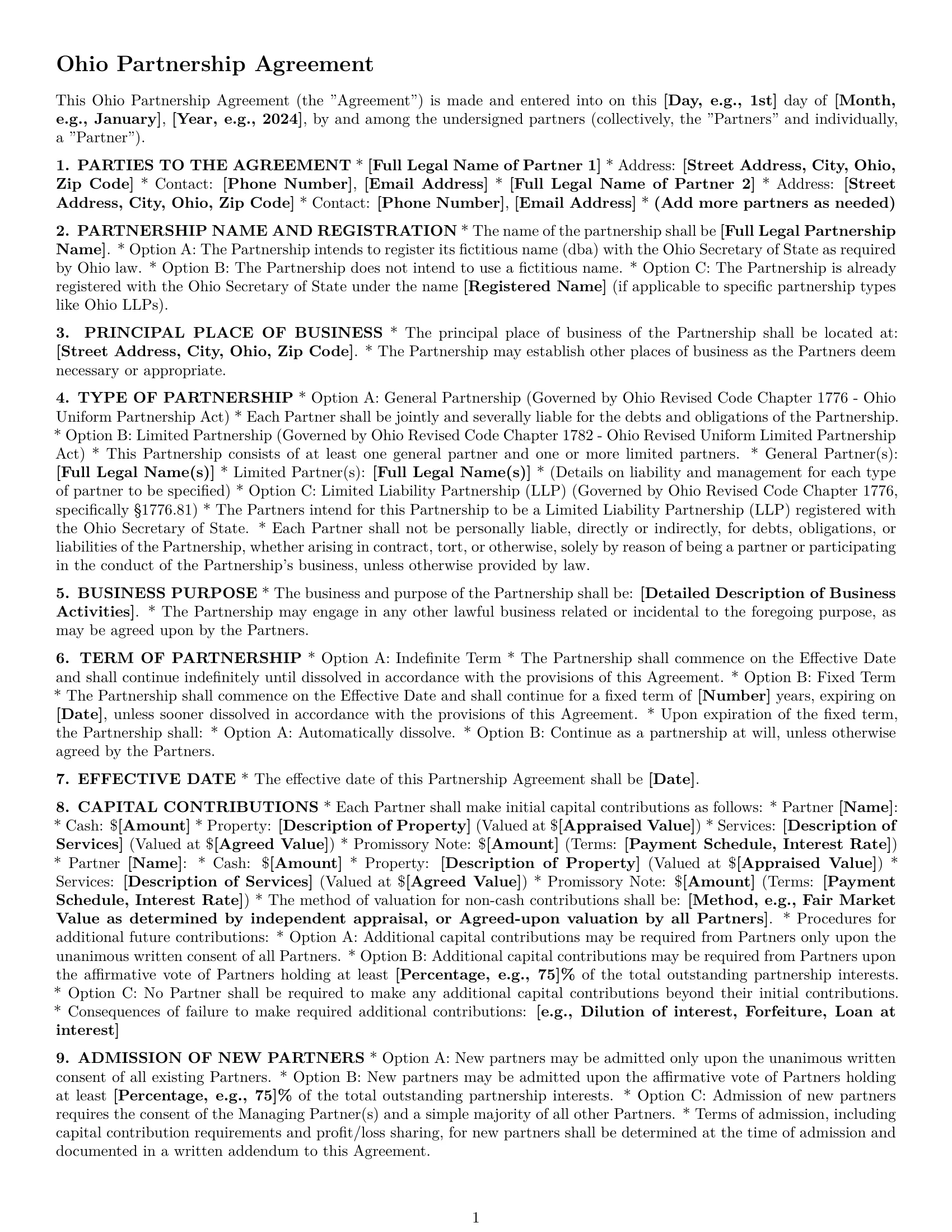 Preview page 1 of Pro Ohio partnership agreement template