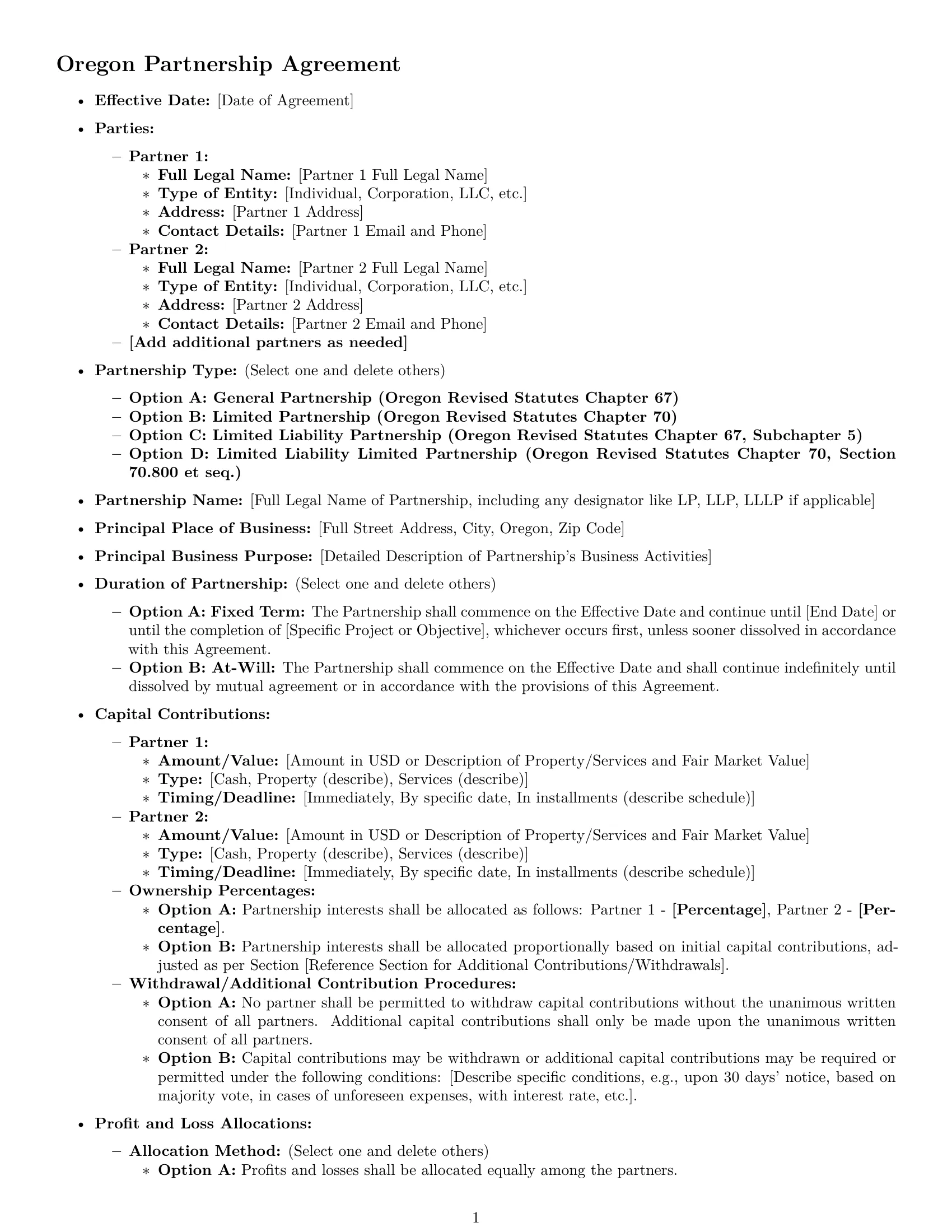 Preview page 1 of Pro Oregon partnership agreement template