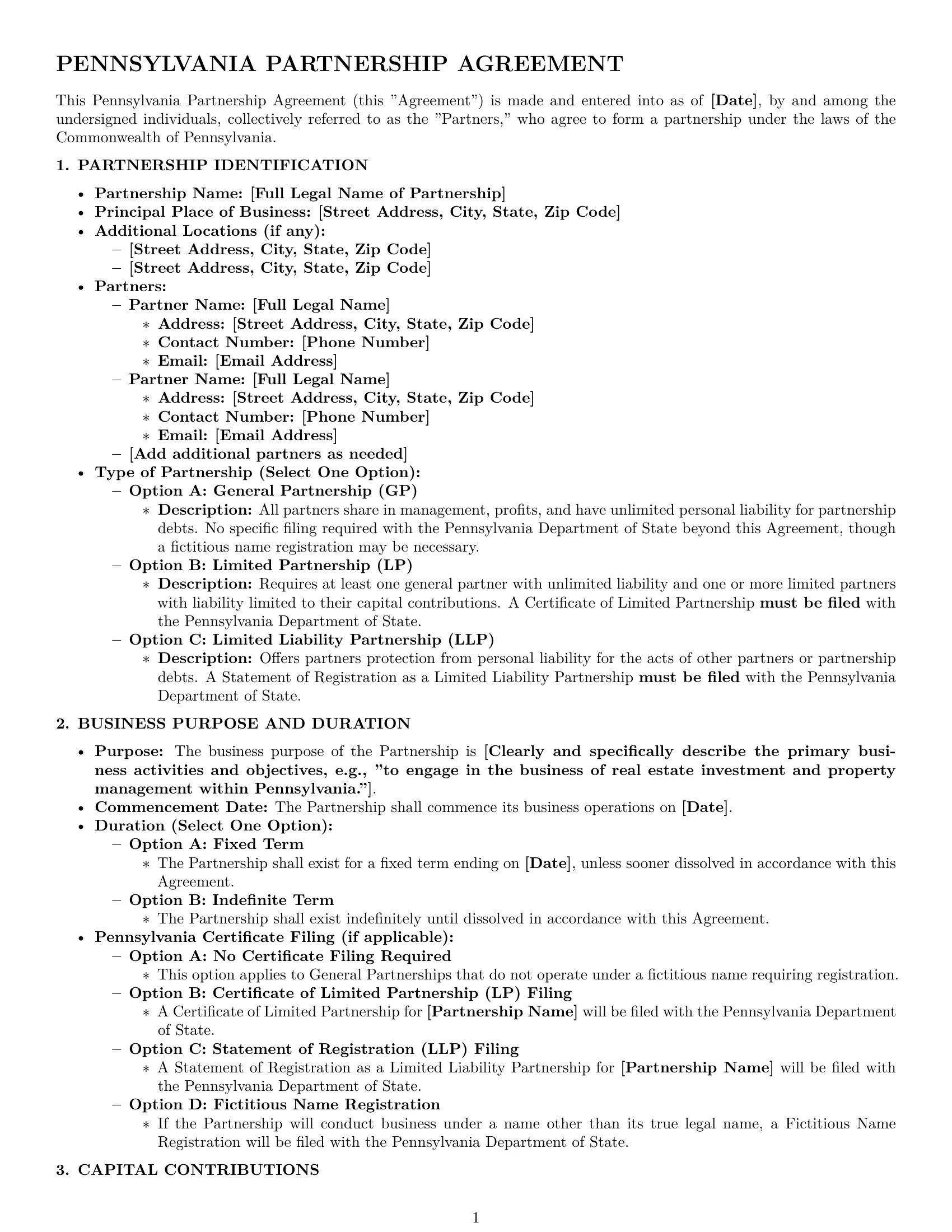 Preview page 1 of Pro Pennsylvania partnership agreement template