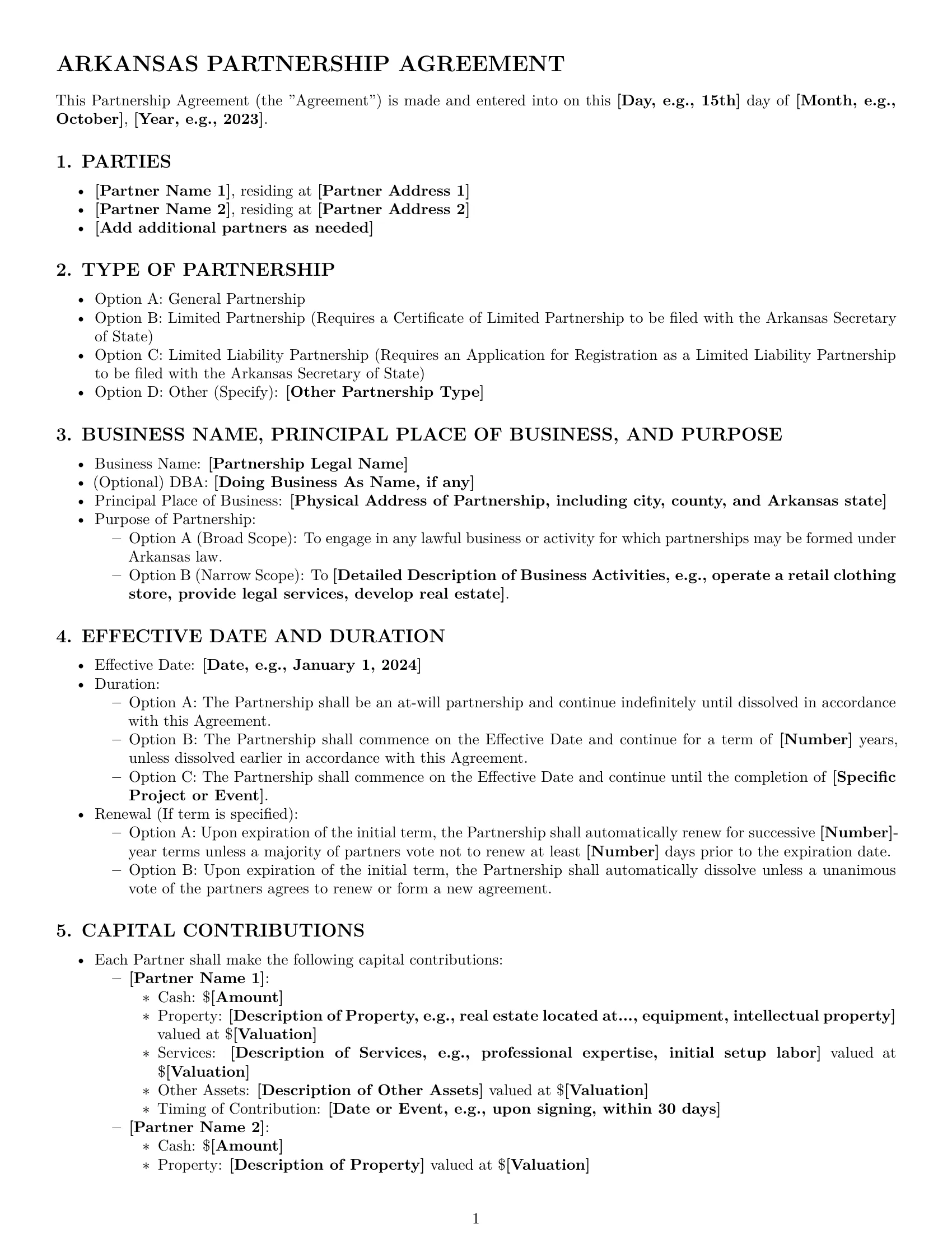Preview page 1 of Pro Arkansas partnership agreement template