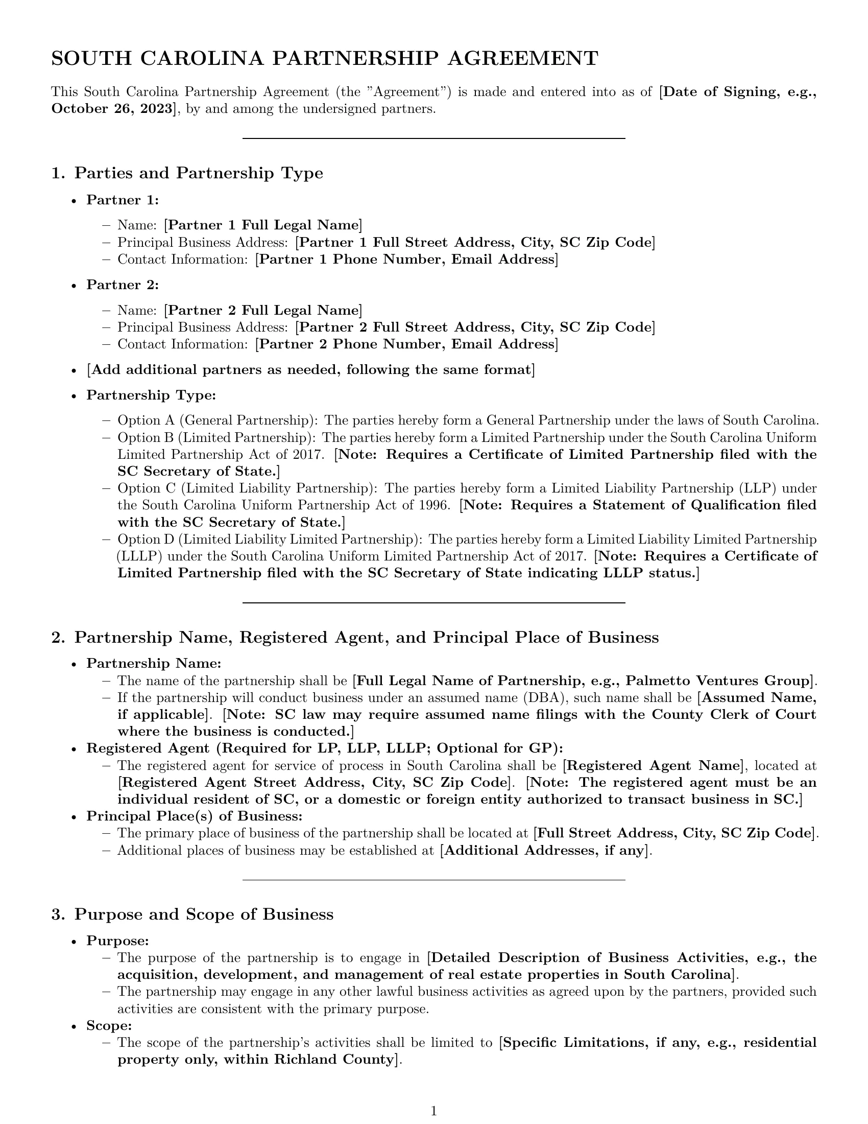 Preview page 1 of Pro South Carolina partnership agreement template