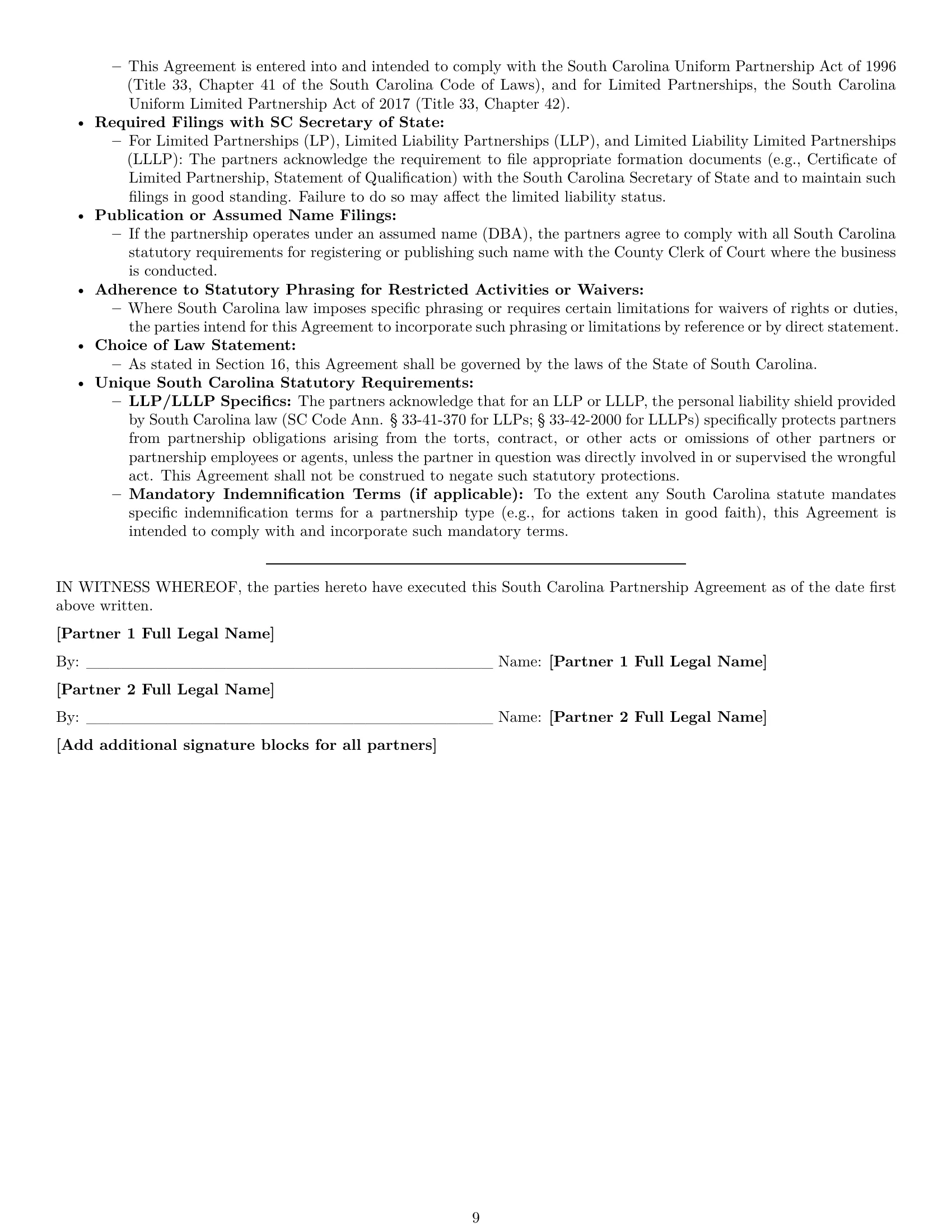 Preview page 9 of Pro South Carolina partnership agreement template