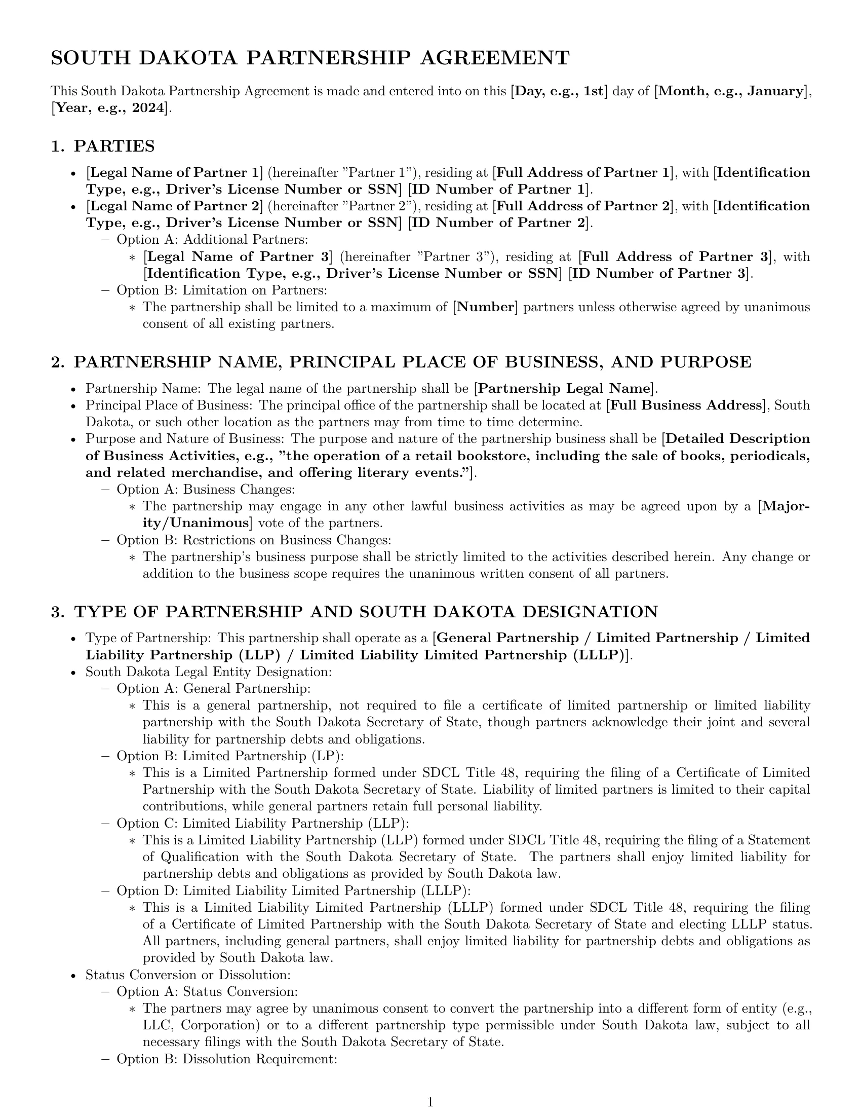 Preview page 1 of Pro South Dakota partnership agreement template