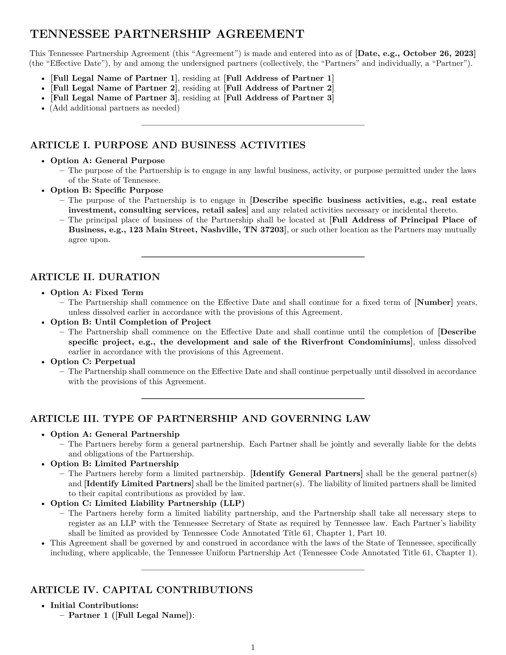 Preview page 1 of Pro Tennessee partnership agreement template