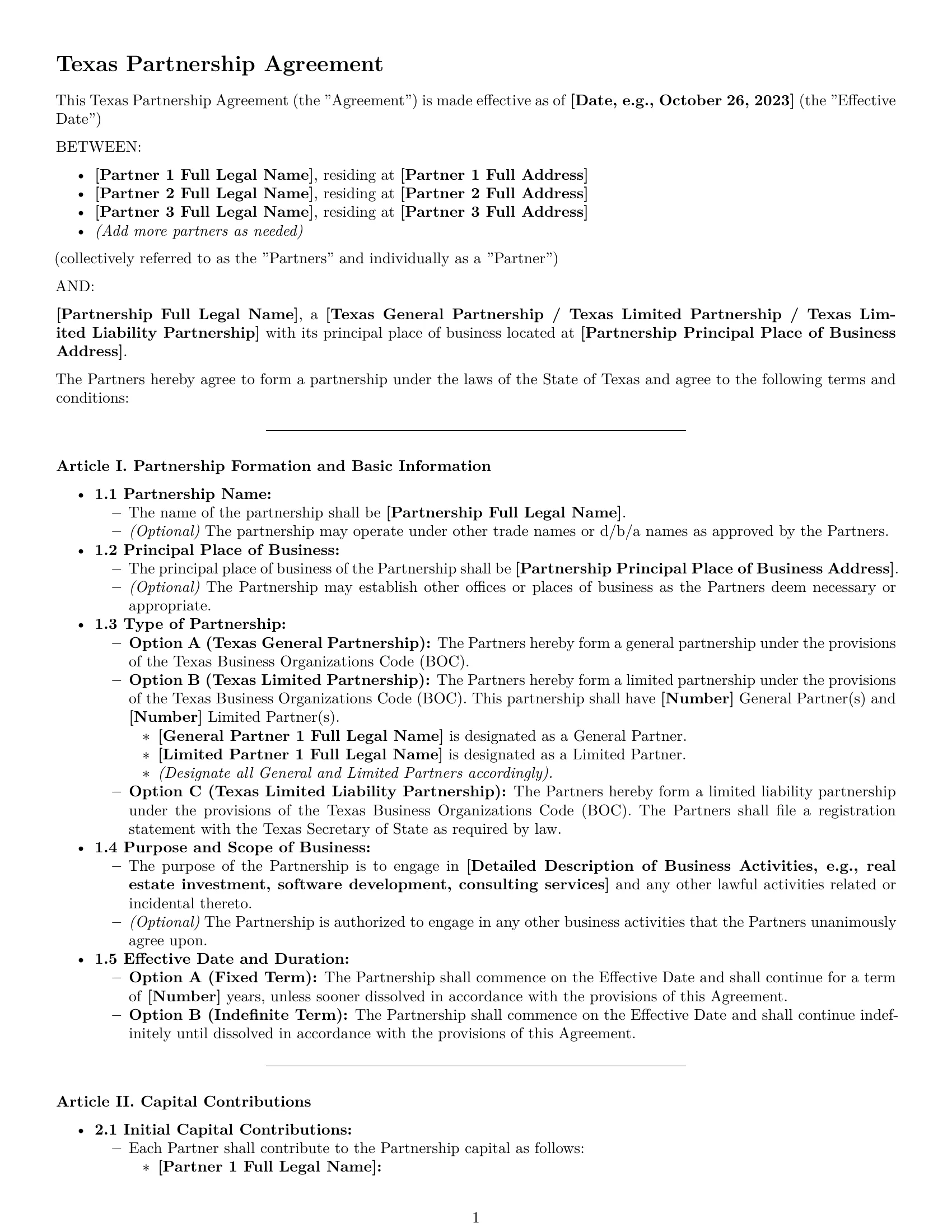 Preview page 1 of Pro Texas partnership agreement template