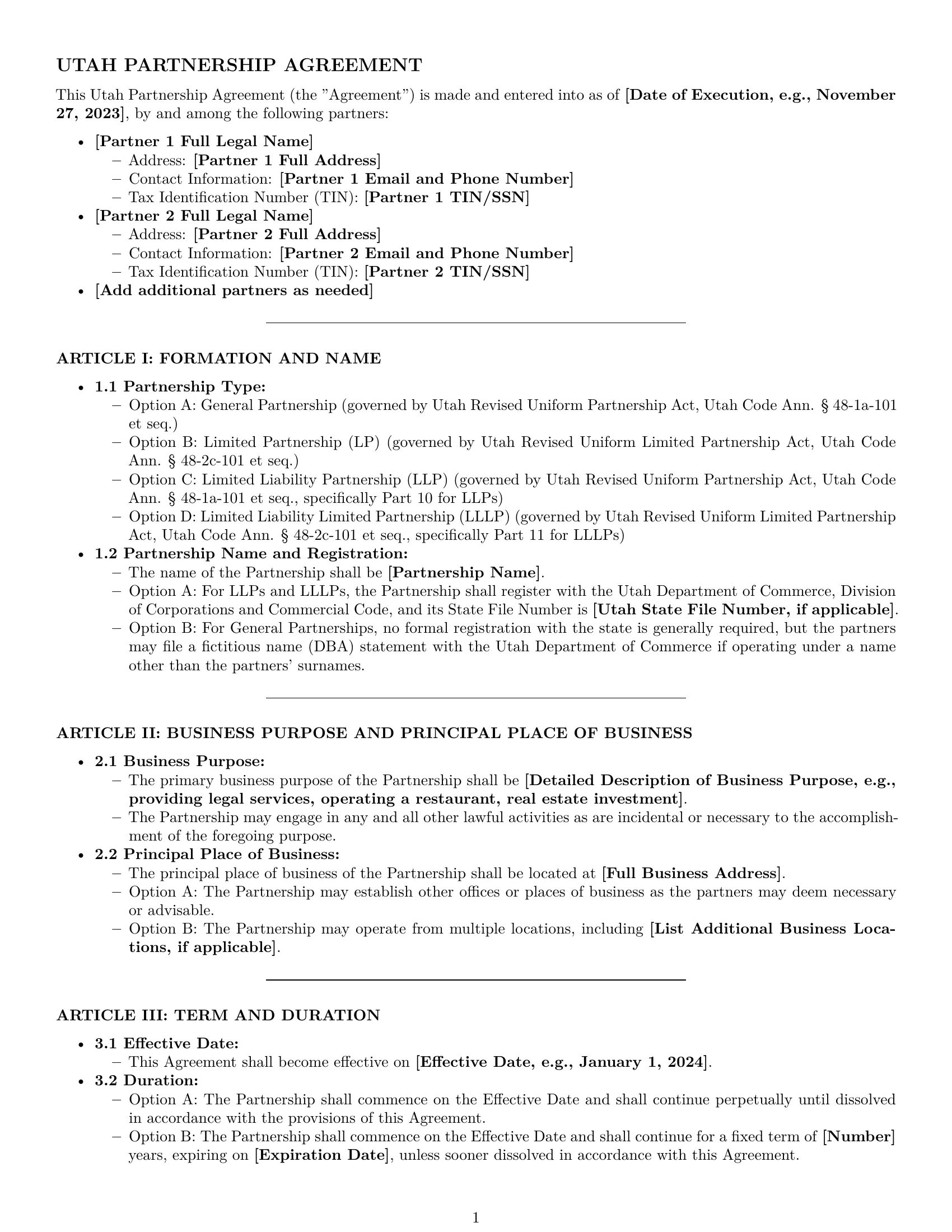 Preview page 1 of Pro Utah partnership agreement template