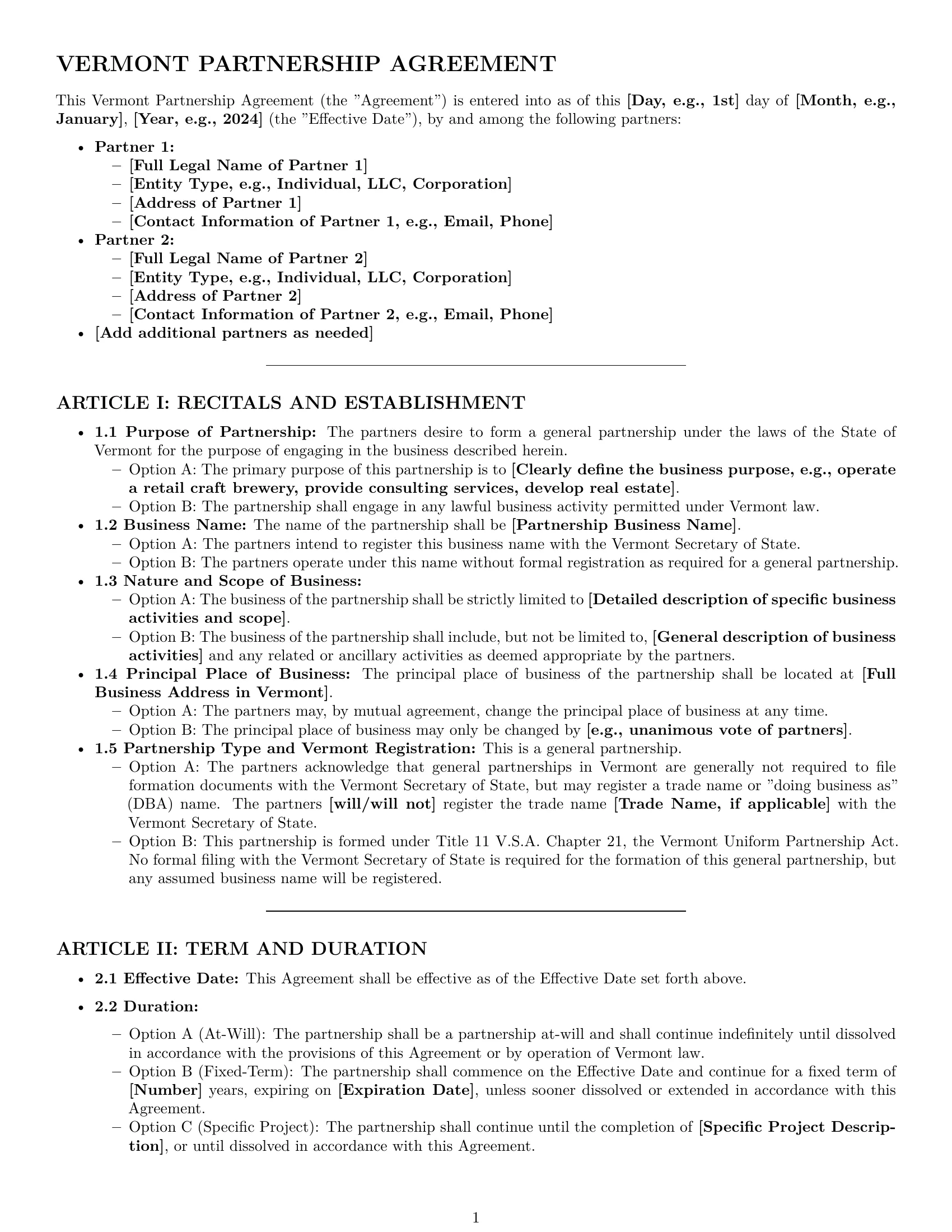 Preview page 1 of Pro Vermont partnership agreement template