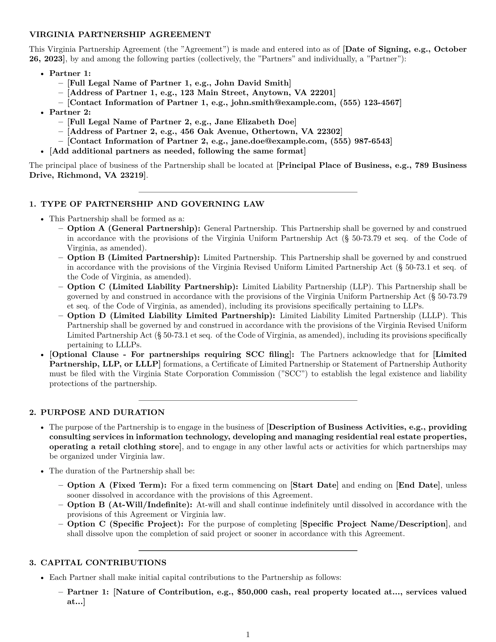 Preview page 1 of Pro Virginia partnership agreement template