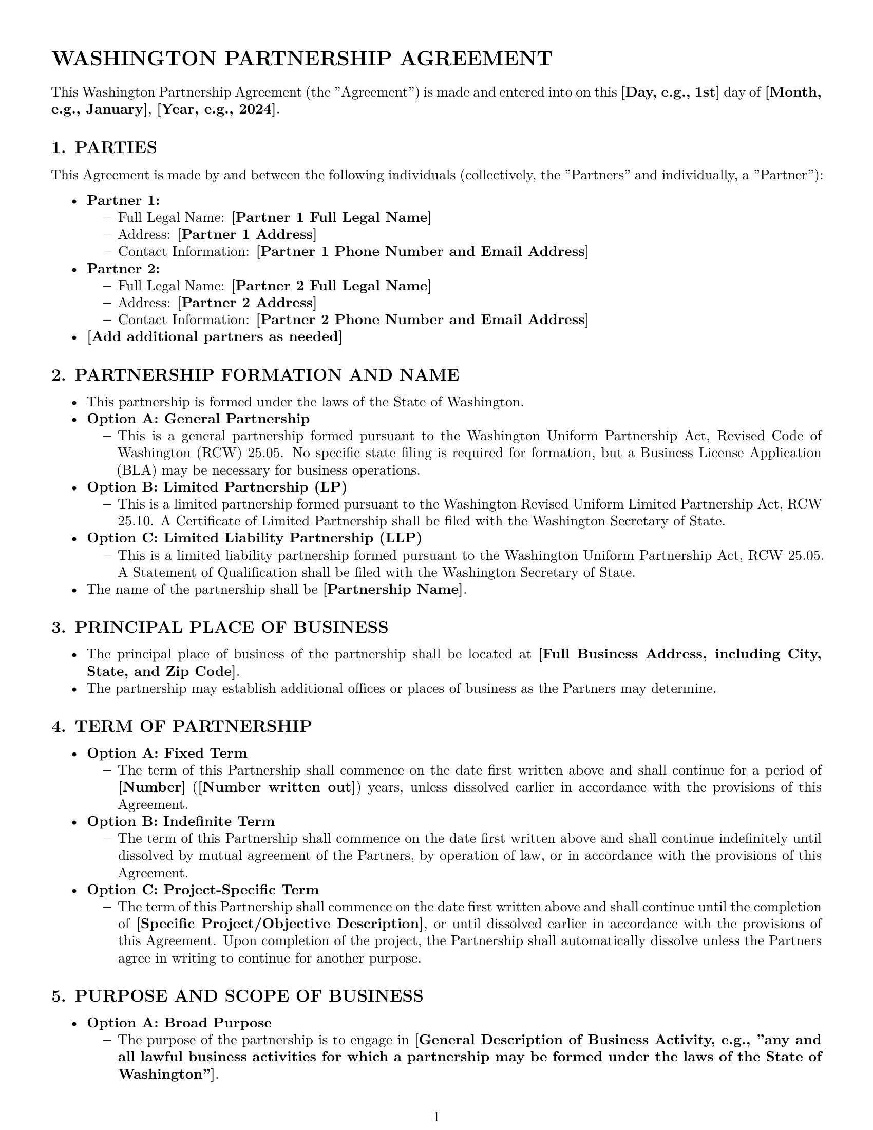 Preview page 1 of Pro Washington partnership agreement template