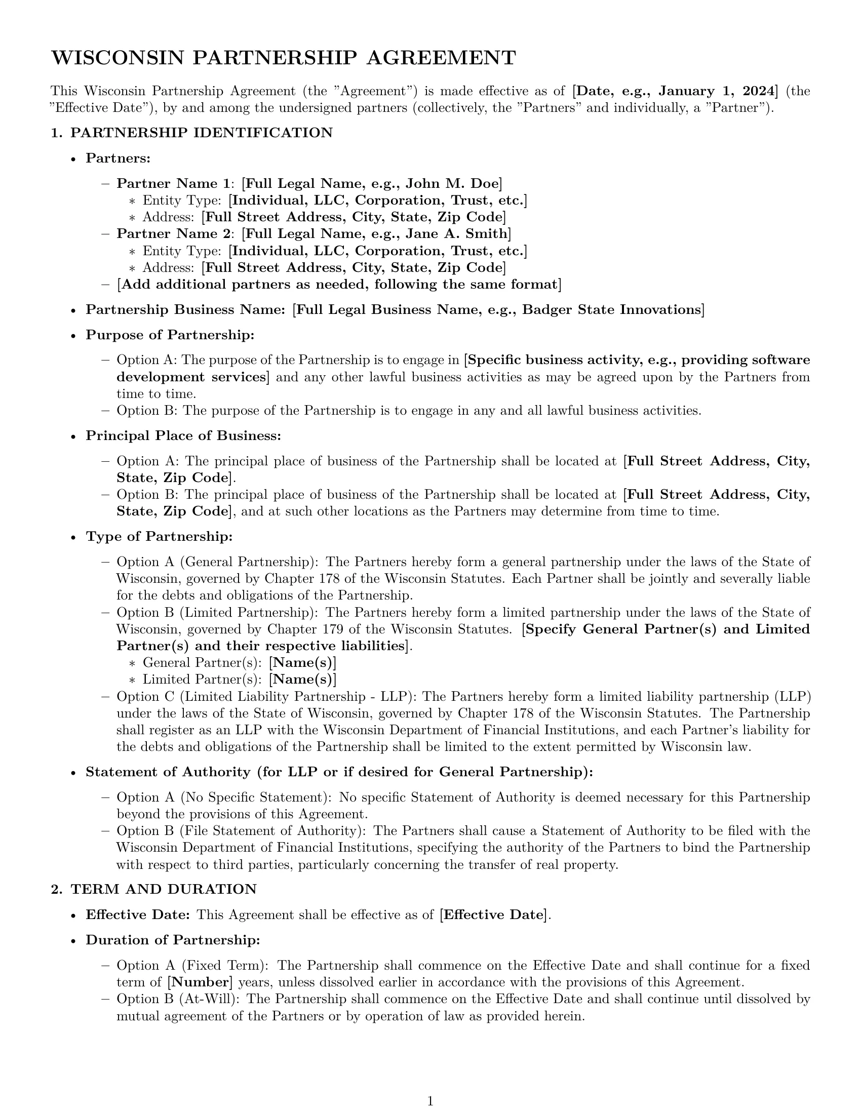 Preview page 1 of Pro Wisconsin partnership agreement template