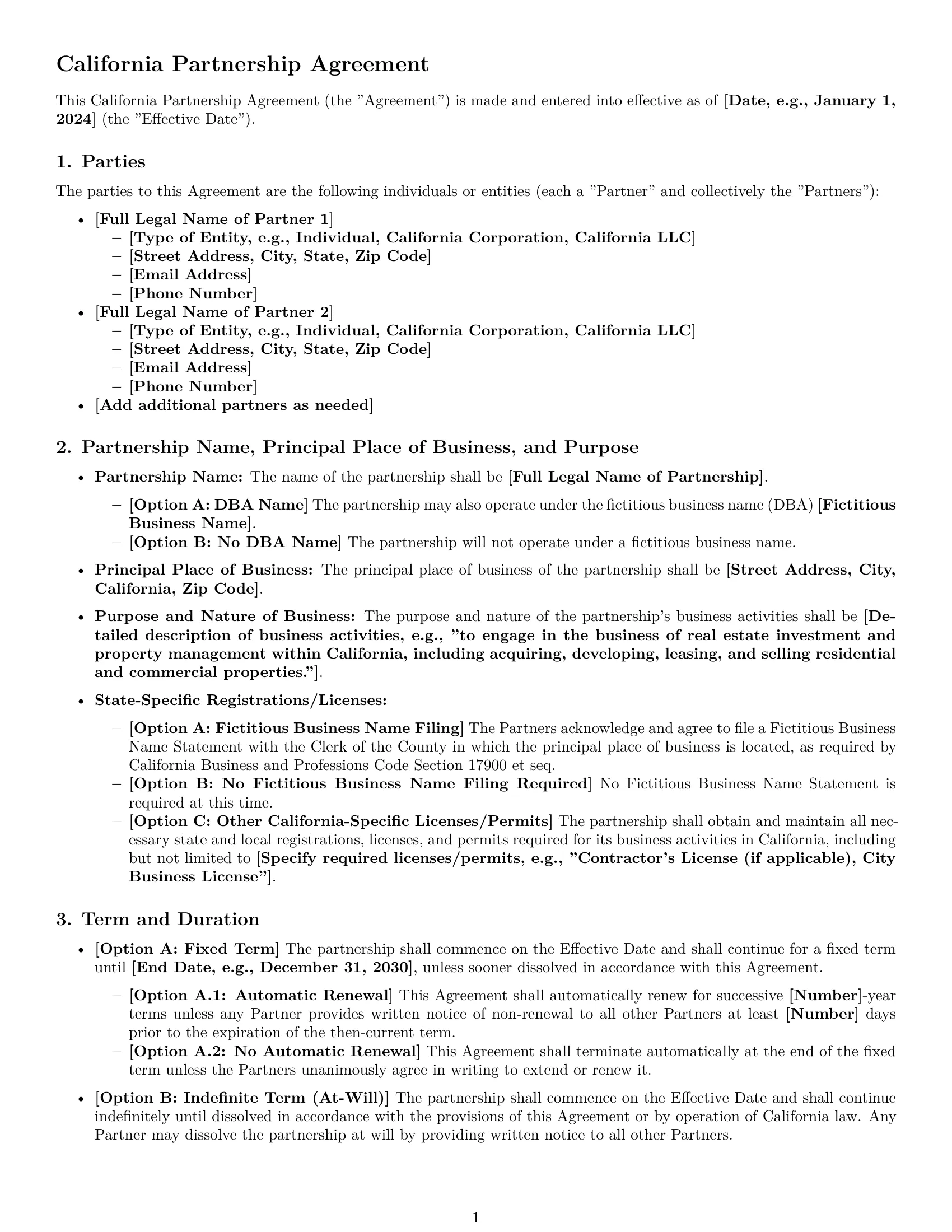 Preview page 1 of Pro California partnership agreement template