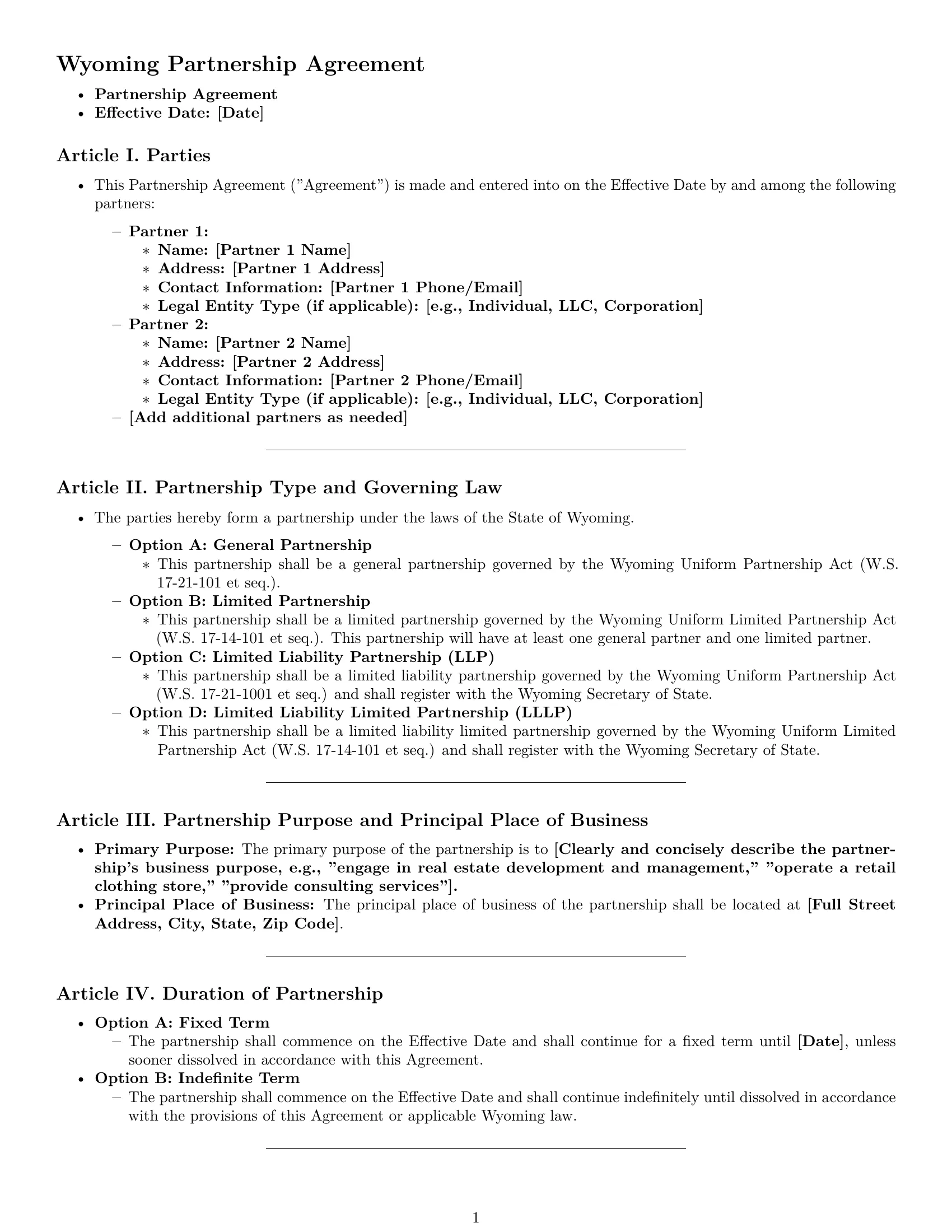 Preview page 1 of Pro Wyoming partnership agreement template