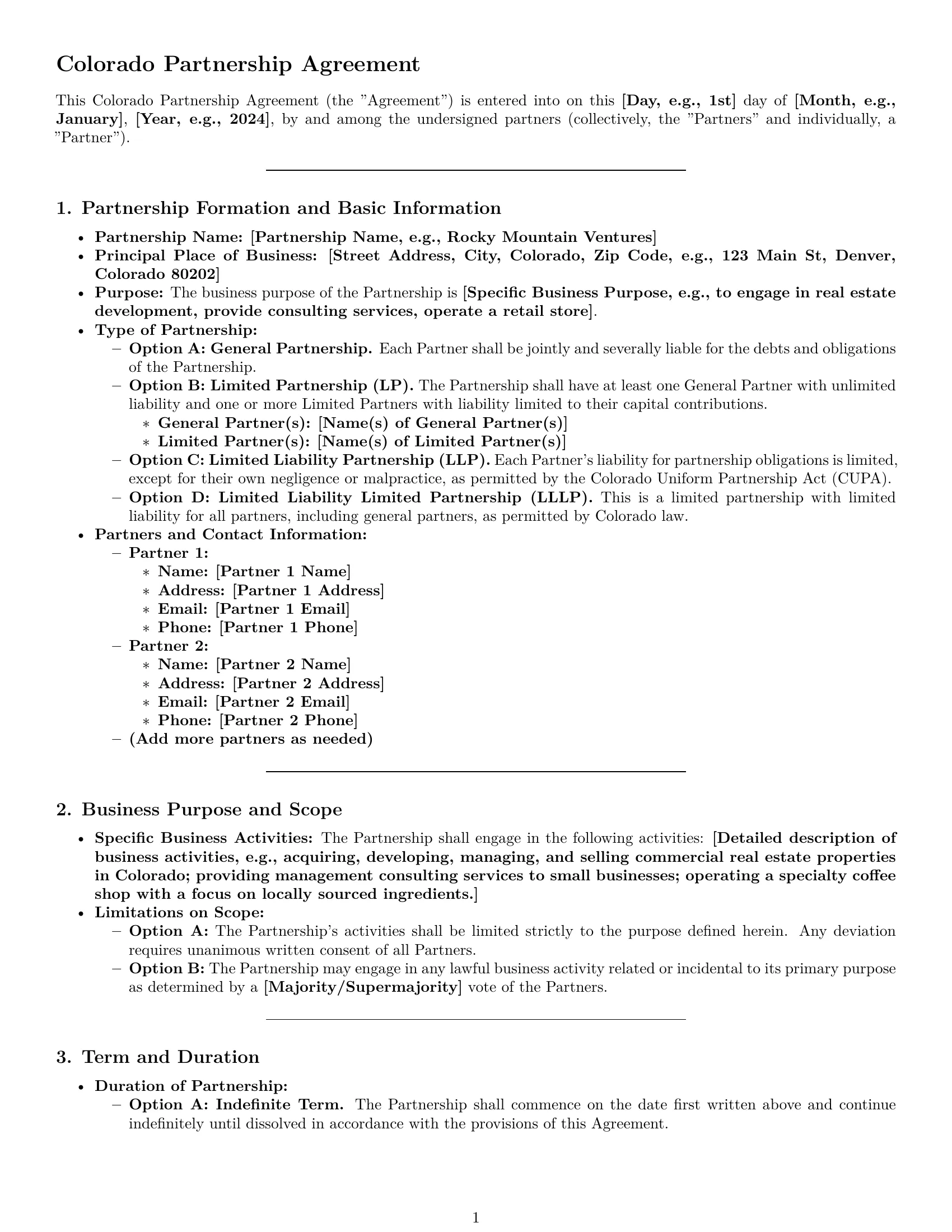 Preview page 1 of Pro Colorado partnership agreement template