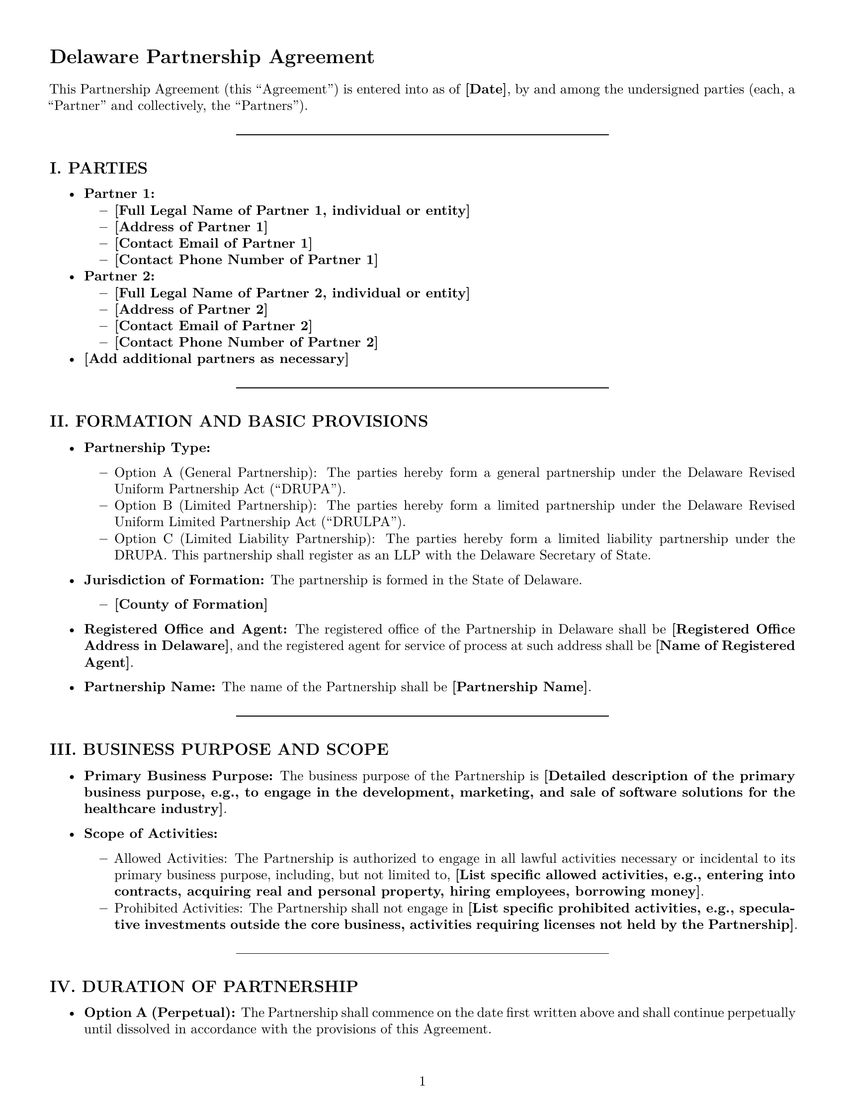 Preview page 1 of Pro Delaware partnership agreement template