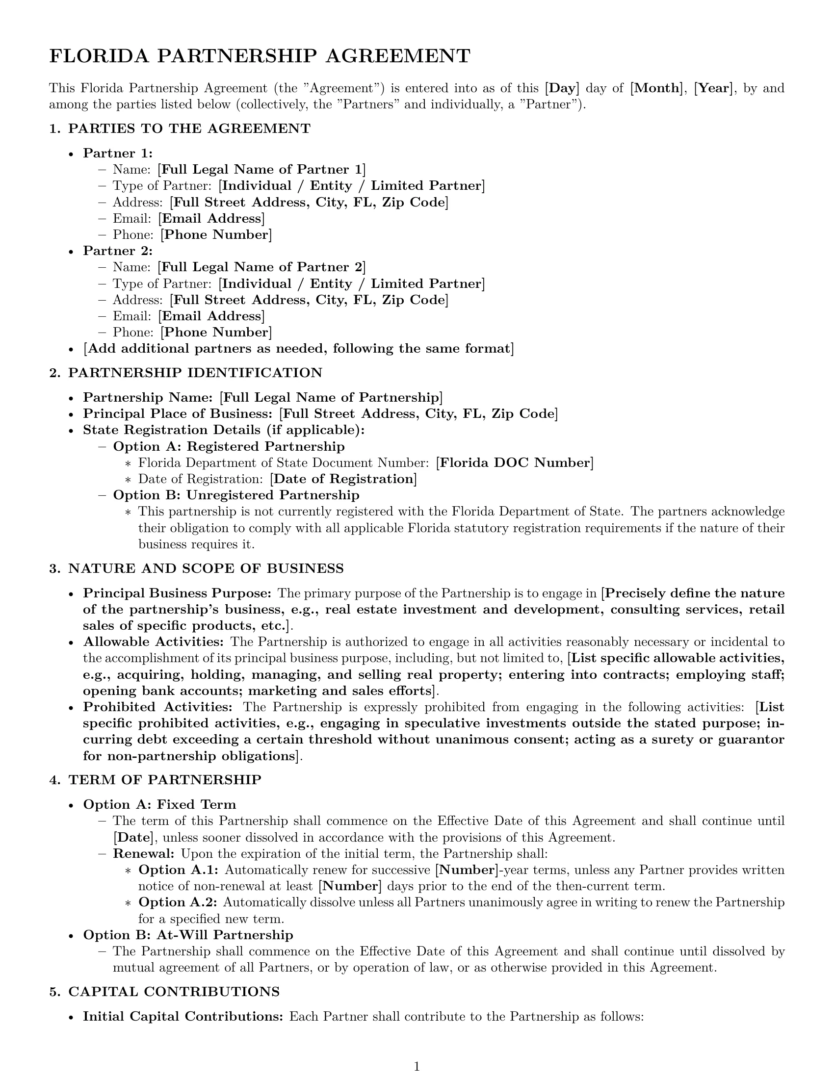 Preview page 1 of Pro Florida partnership agreement template