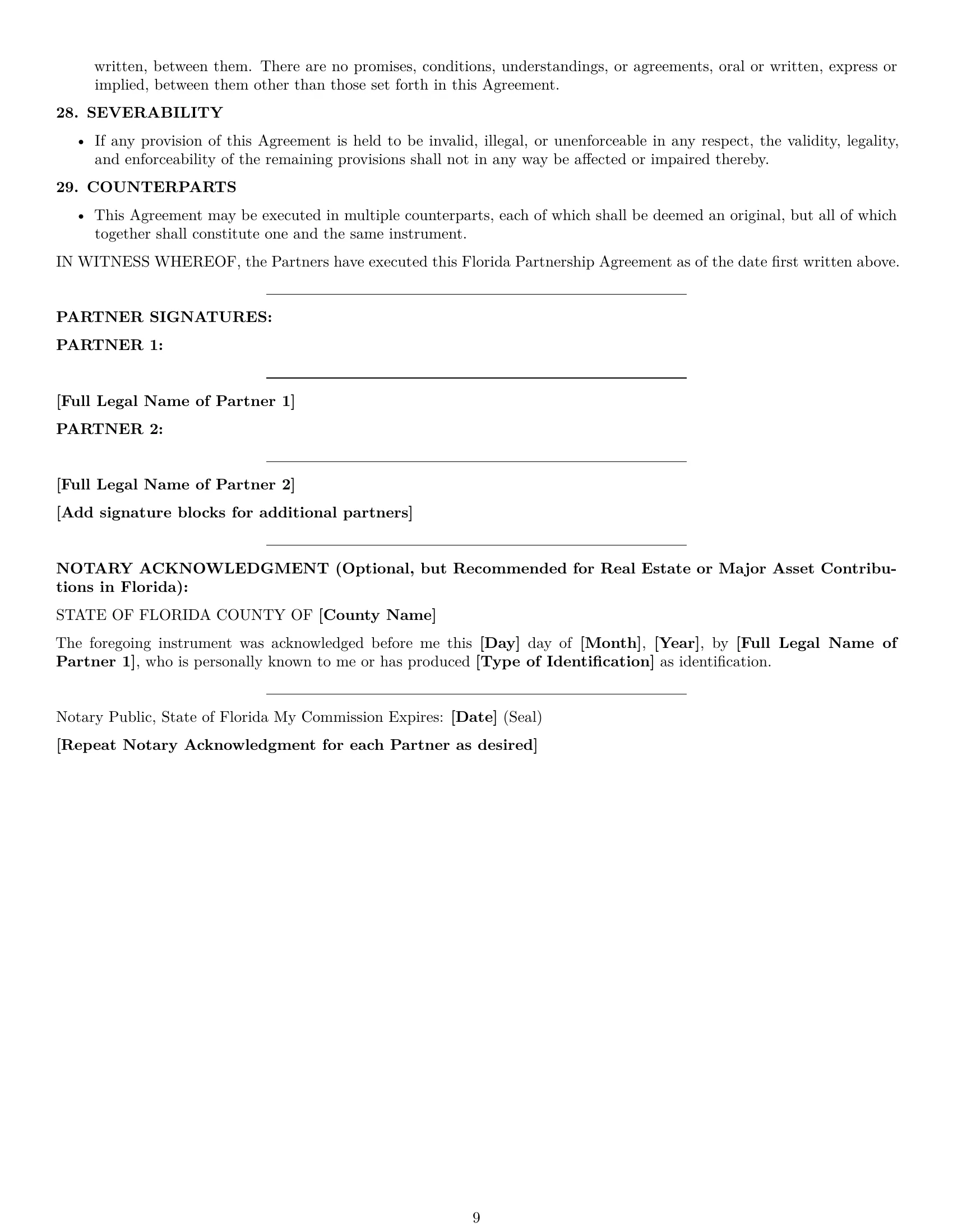 Preview page 9 of Pro Florida partnership agreement template