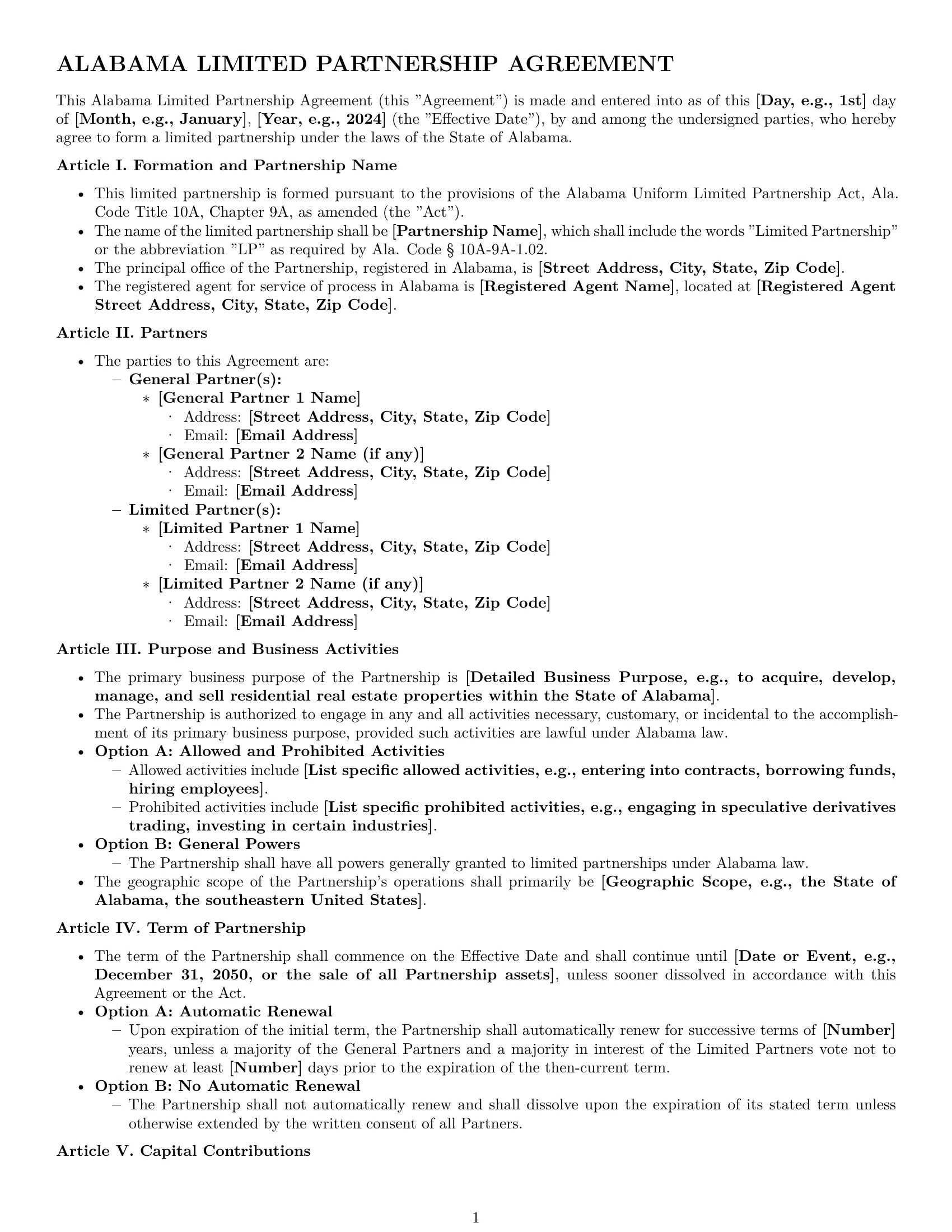 Preview page 1 of Pro Alabama limited partnership agreement template