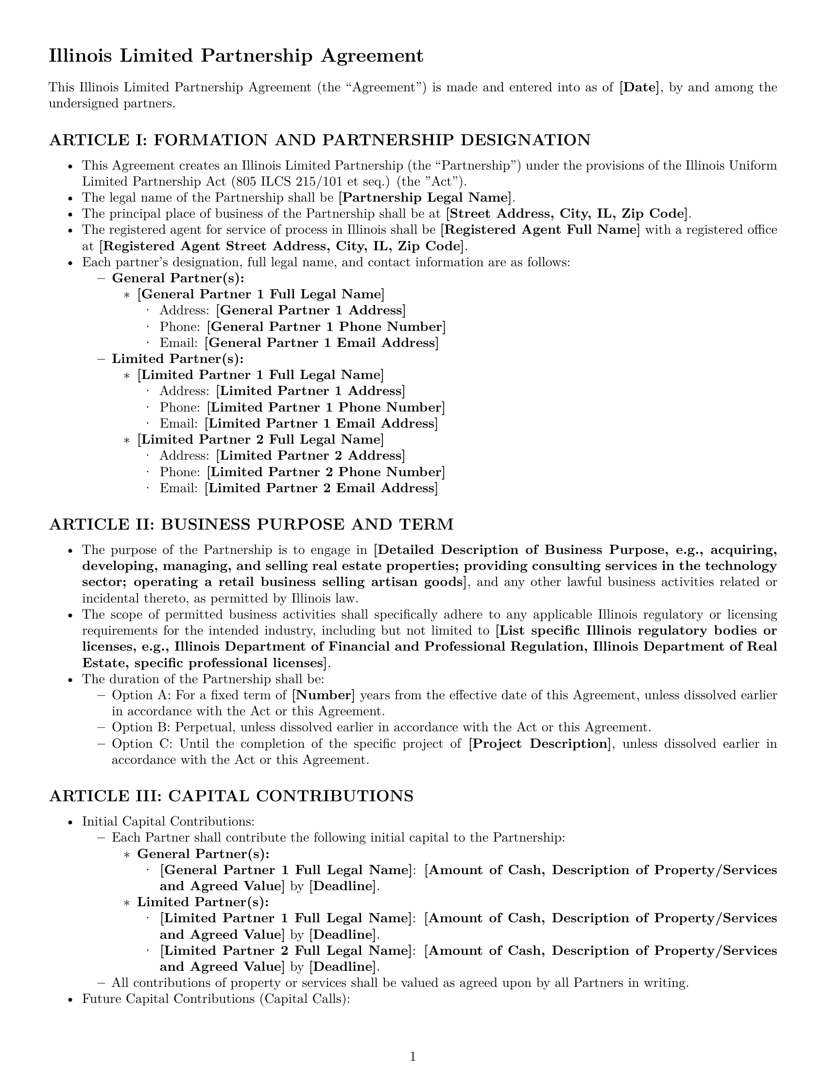 Preview page 1 of Pro Illinois limited partnership agreement template