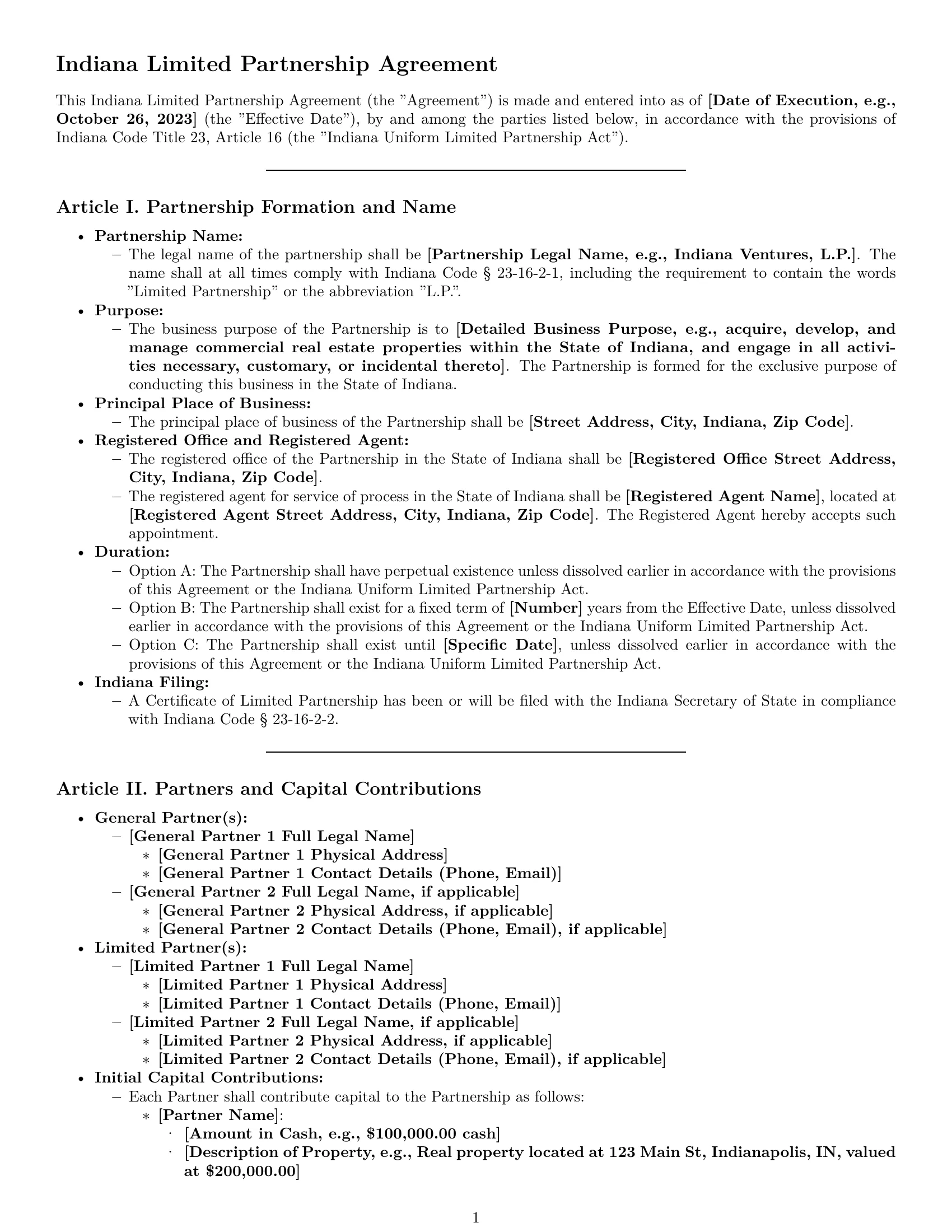 Preview page 1 of Pro Indiana limited partnership agreement template