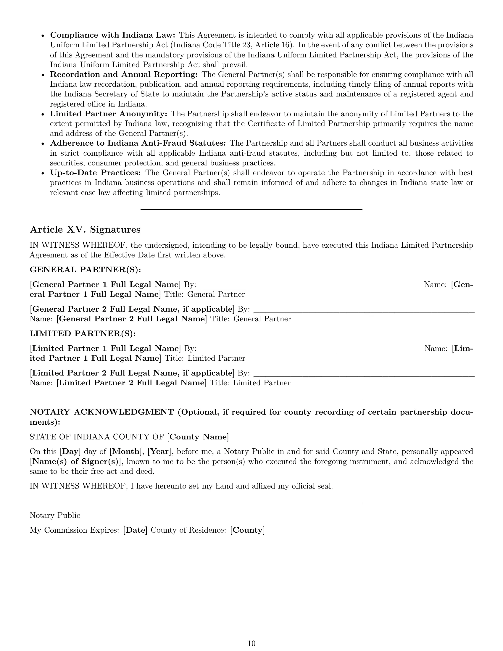 Preview page 10 of Pro Indiana limited partnership agreement template