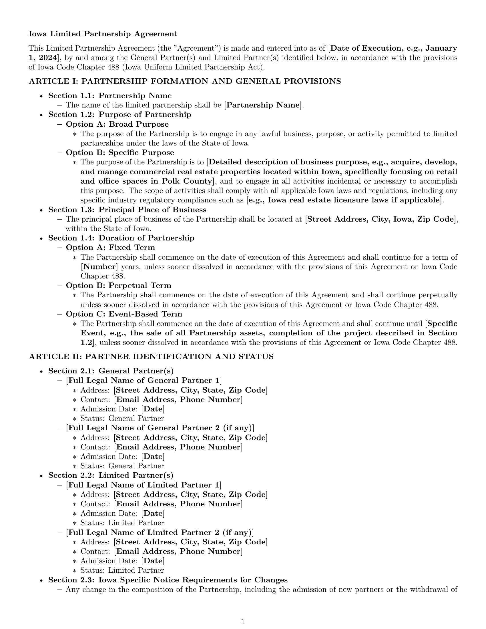 Preview page 1 of Pro Iowa limited partnership agreement template
