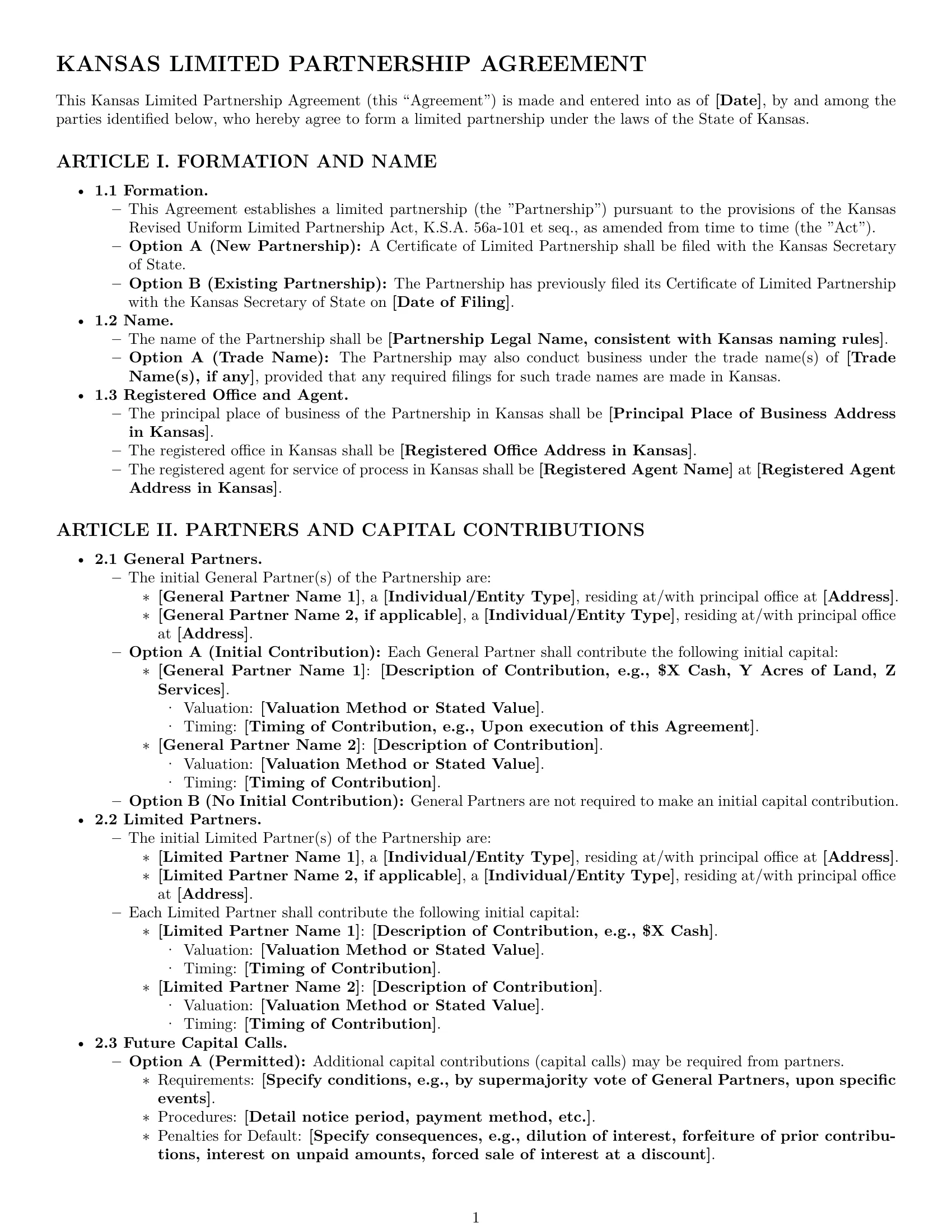 Preview page 1 of Pro Kansas limited partnership agreement template