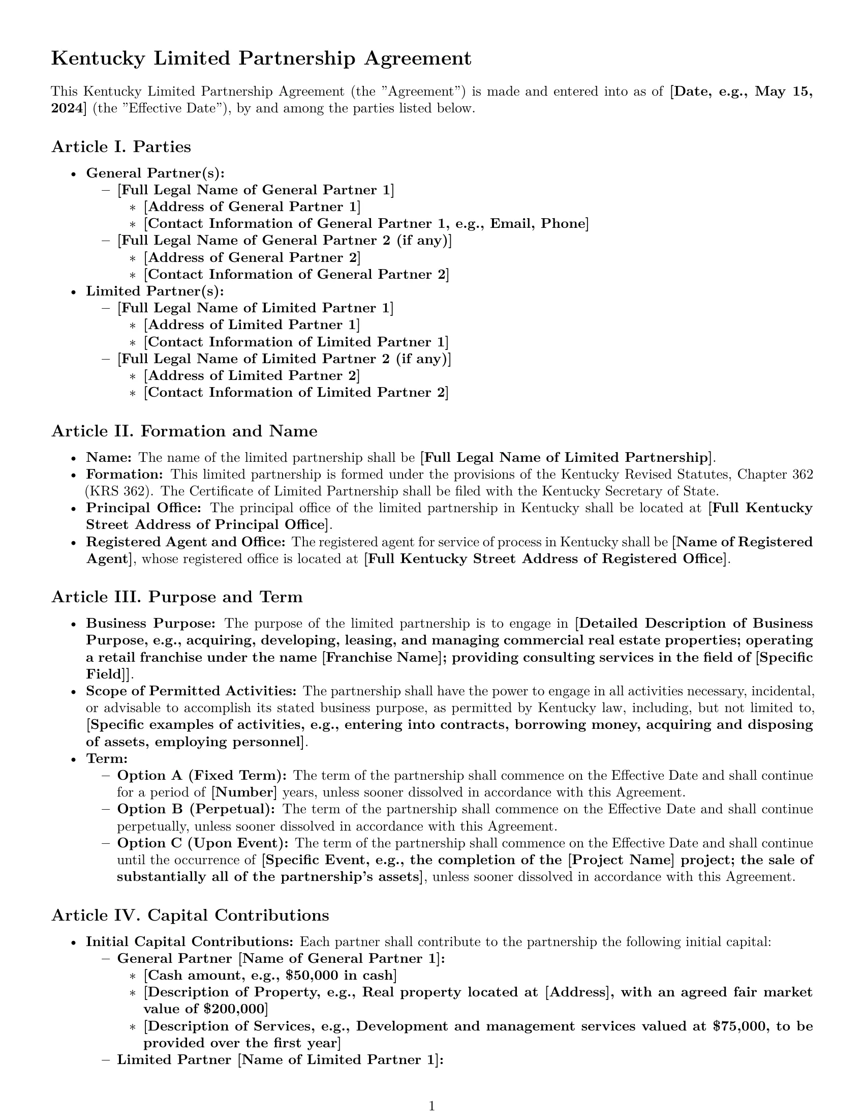 Preview page 1 of Pro Kentucky limited partnership agreement template