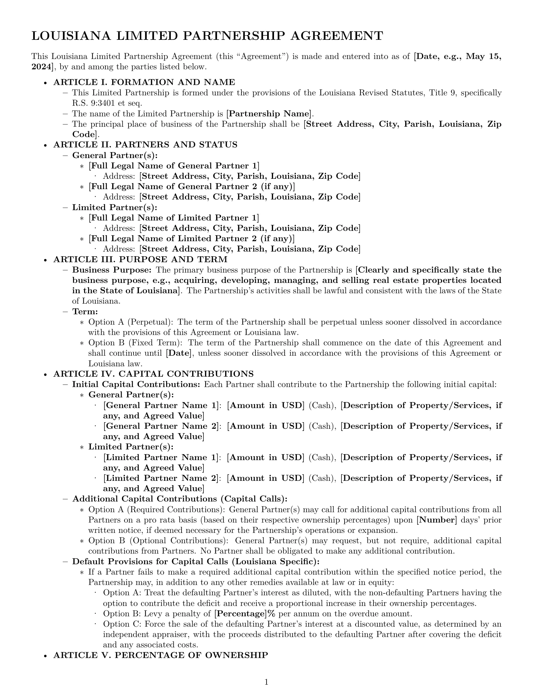 Preview page 1 of Pro Louisiana limited partnership agreement template