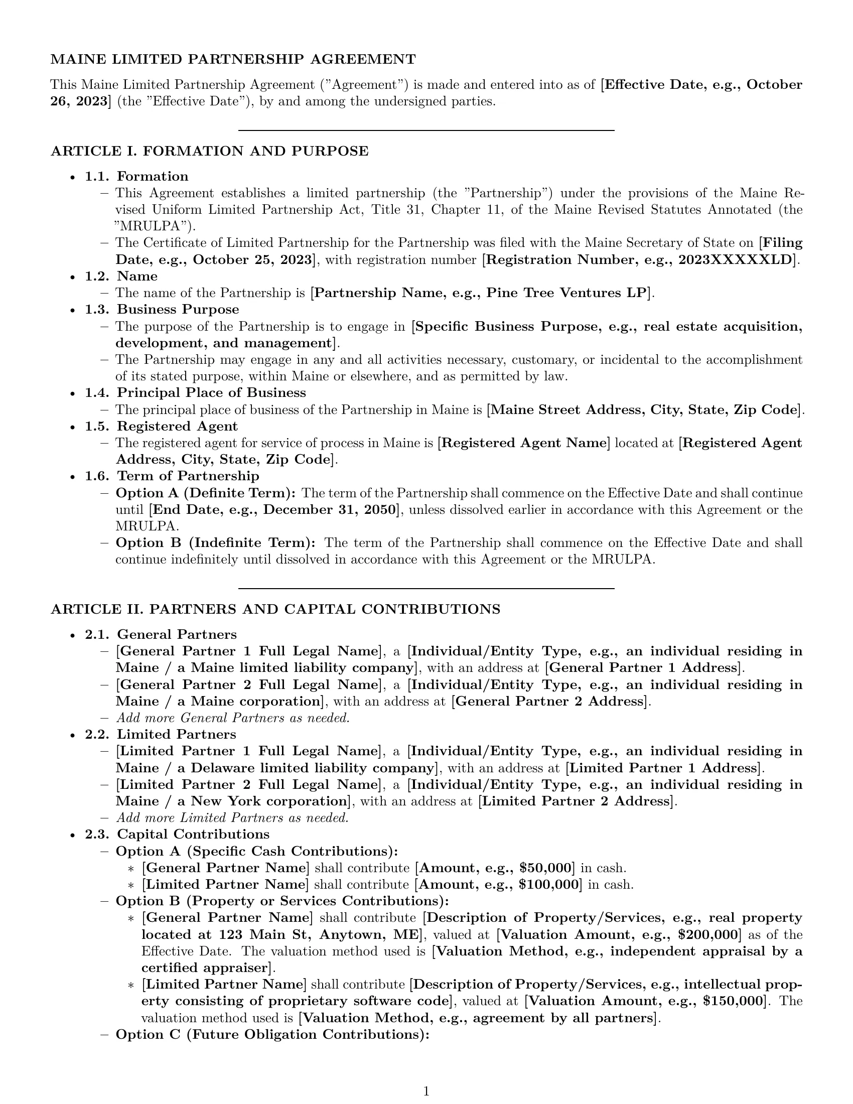 Preview page 1 of Pro Maine limited partnership agreement template
