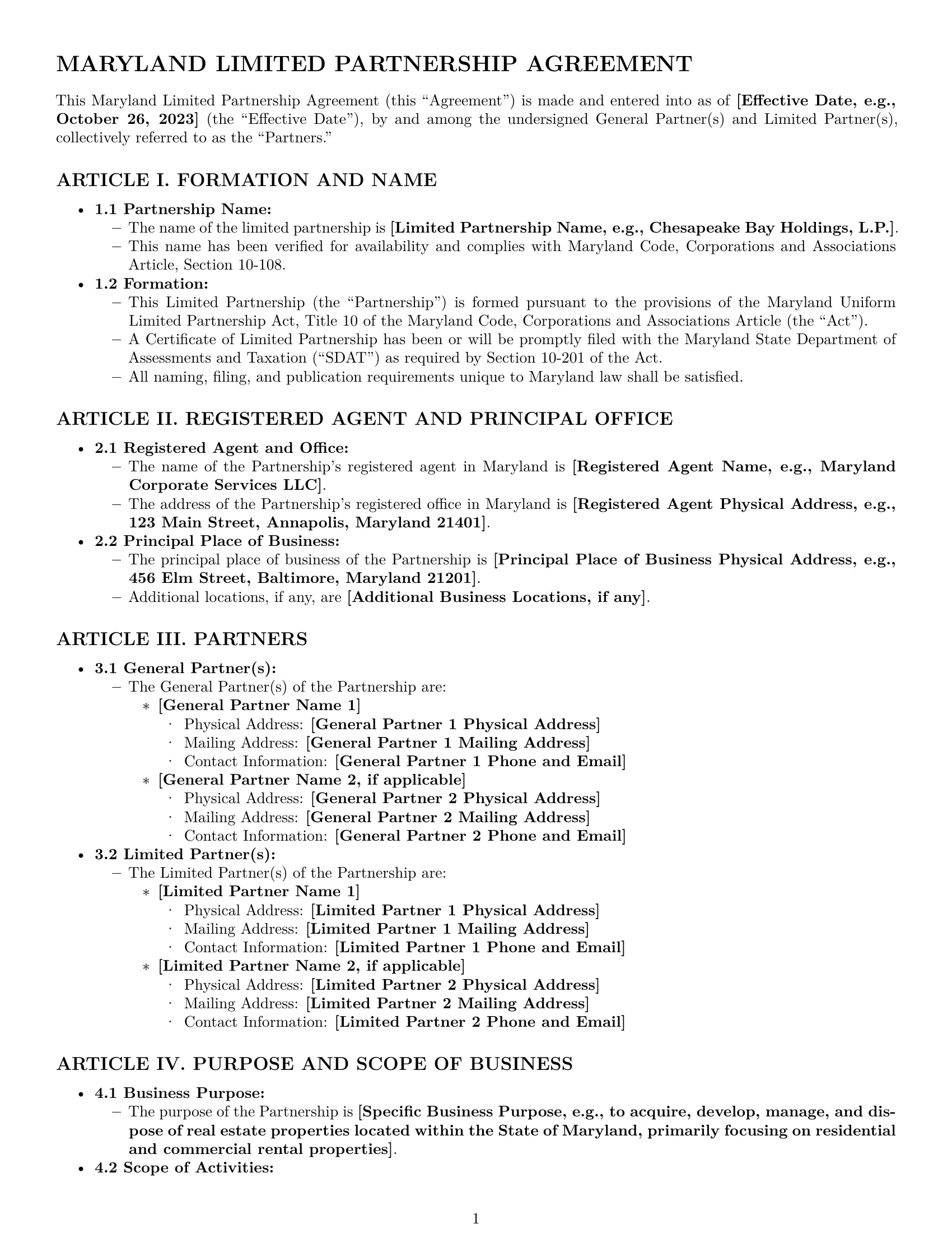 Preview page 1 of Pro Maryland limited partnership agreement template