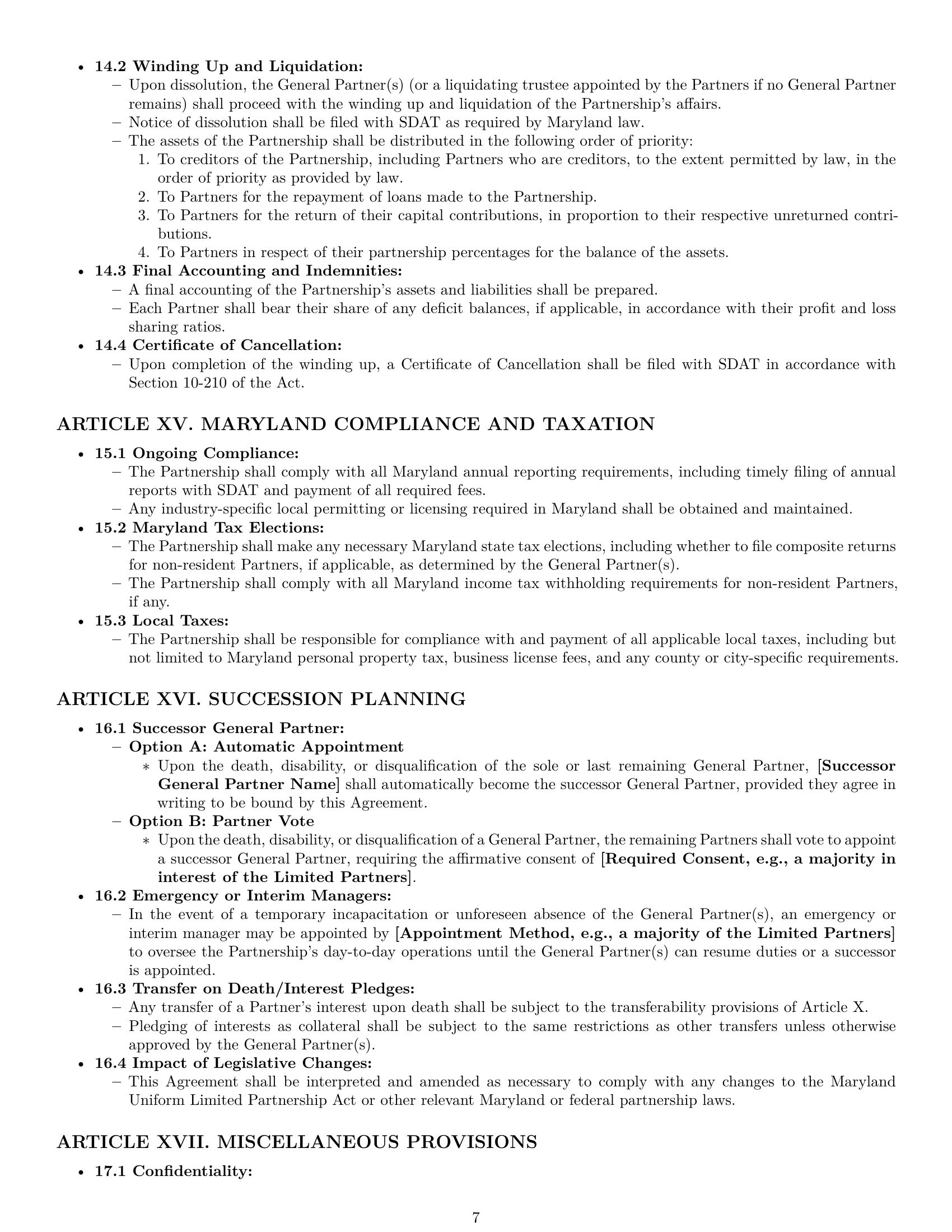Preview page 7 of Pro Maryland limited partnership agreement template