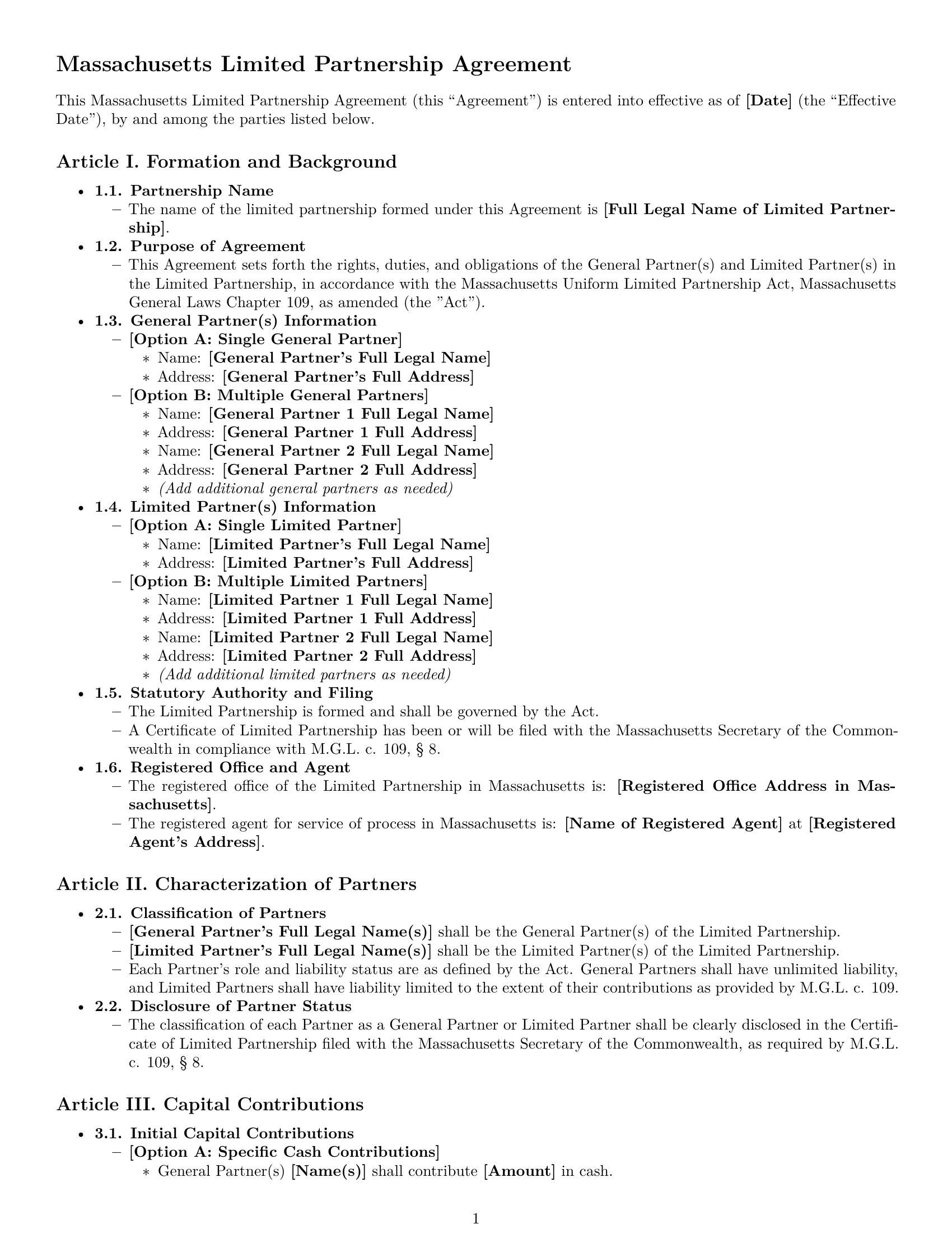 Preview page 1 of Pro Massachusetts limited partnership agreement template