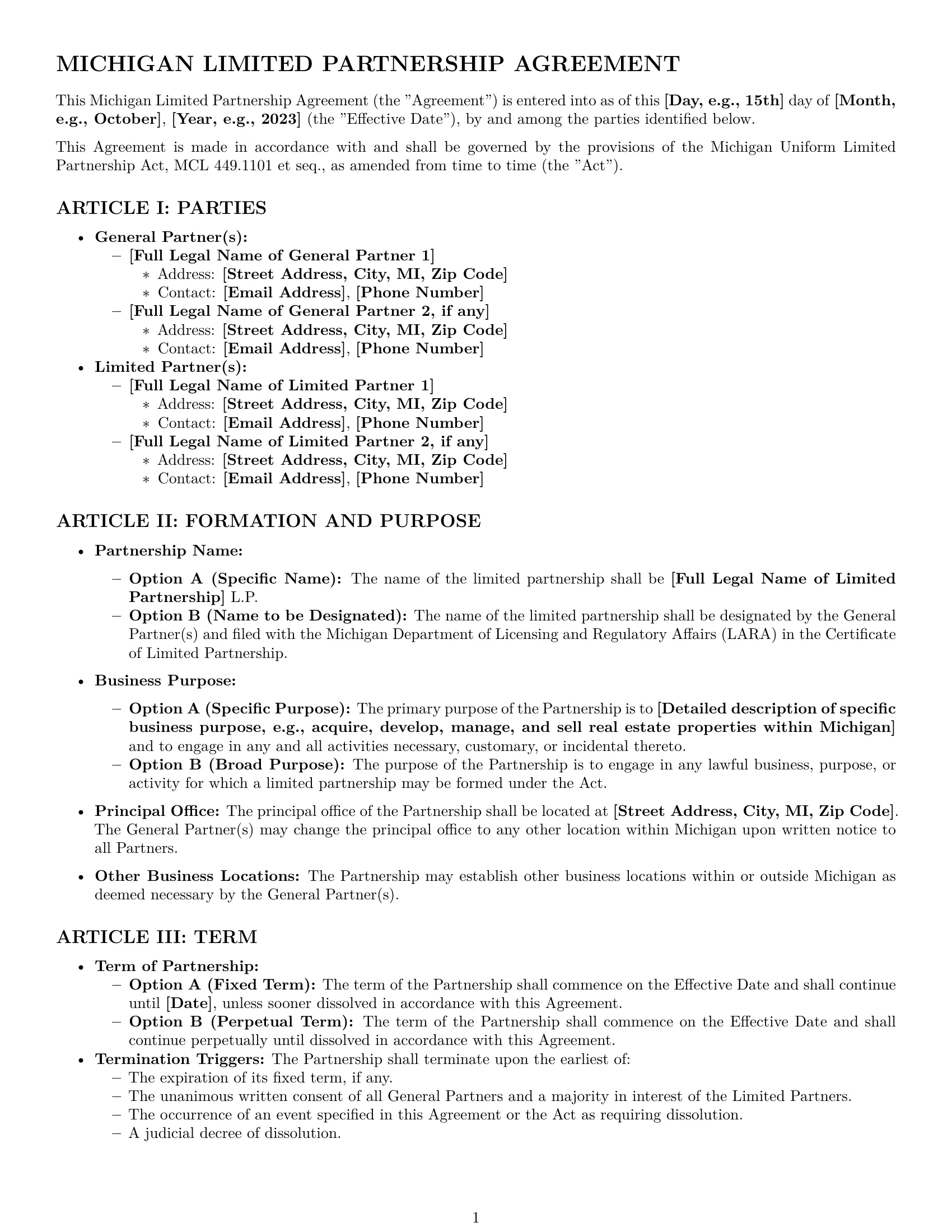 Preview page 1 of Pro Michigan limited partnership agreement template