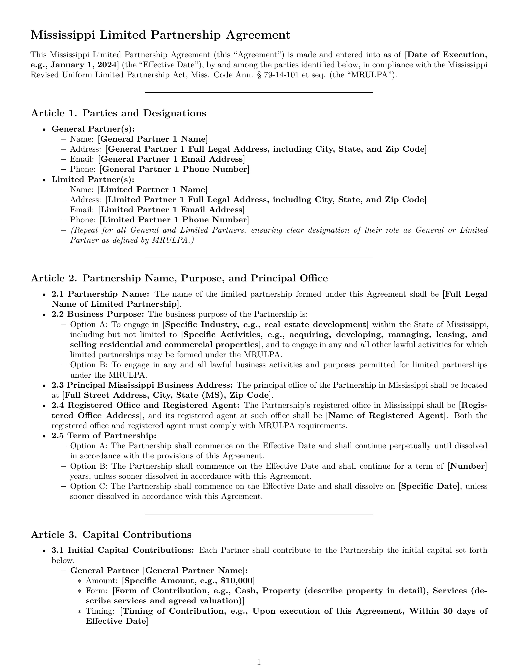 Preview page 1 of Pro Mississippi limited partnership agreement template