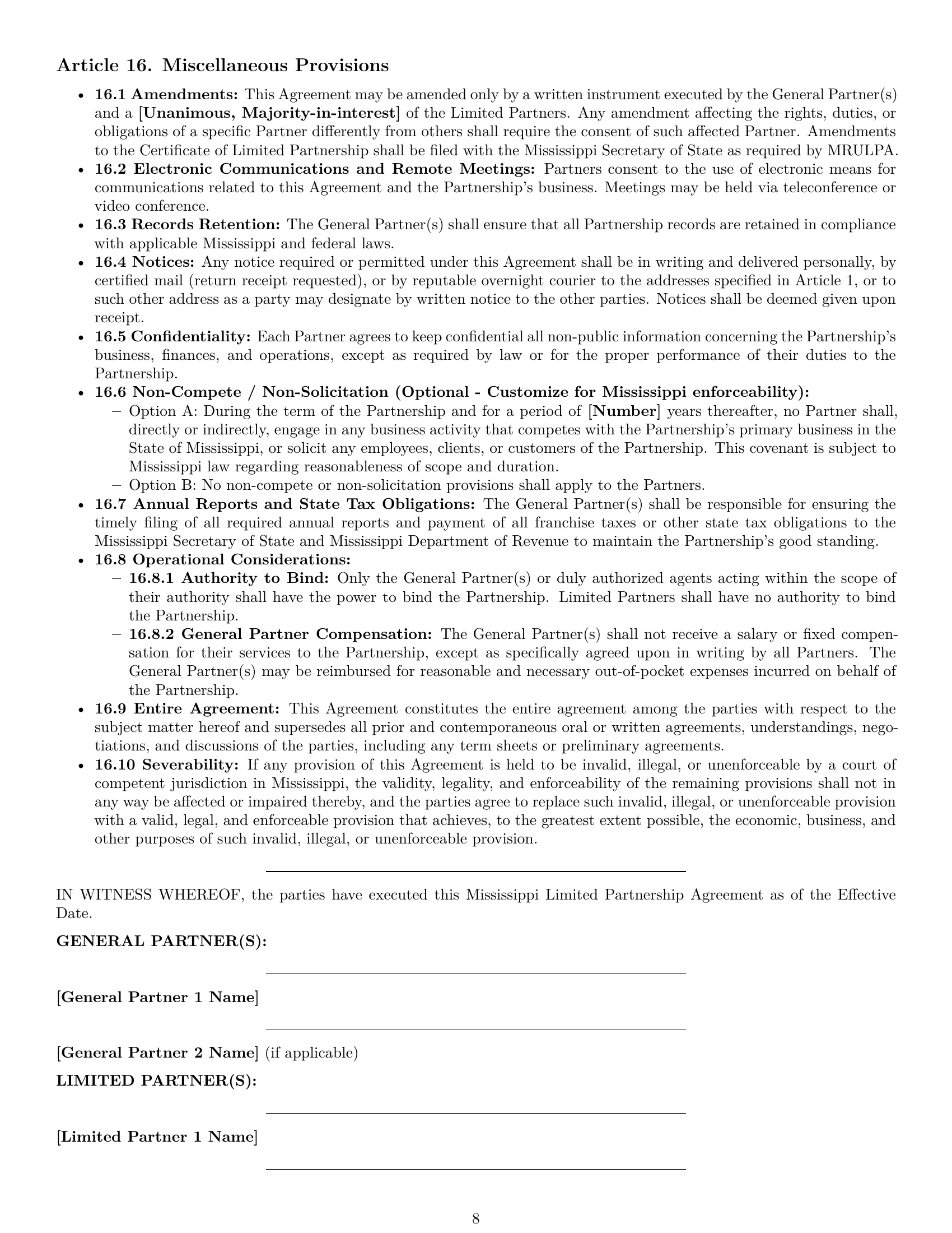 Preview page 8 of Pro Mississippi limited partnership agreement template