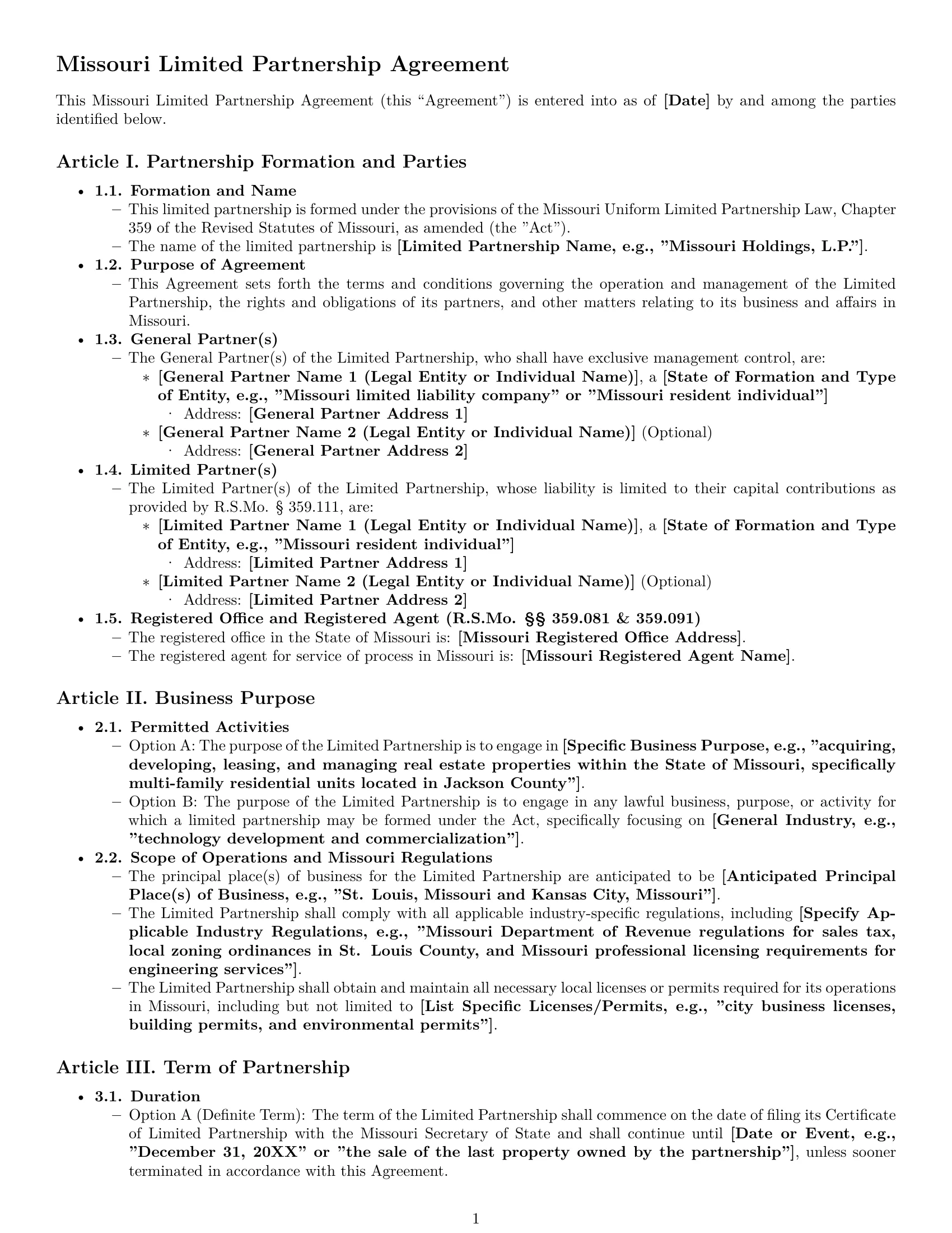 Preview page 1 of Pro Missouri limited partnership agreement template